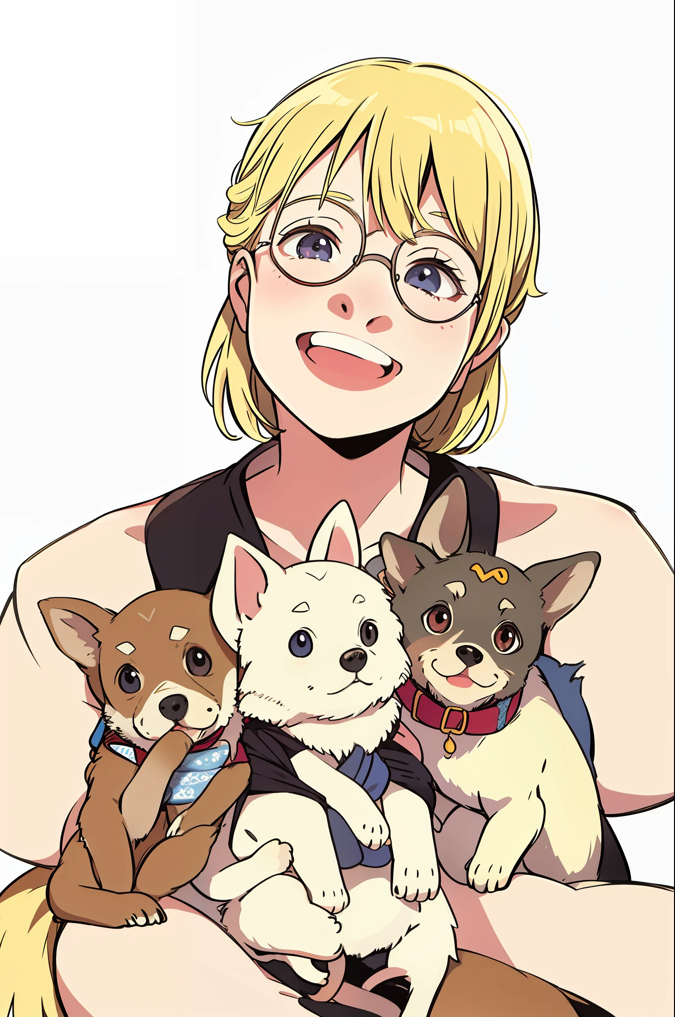 there is a happy blonde woman smiling and wearing round glasses and holding three chihuhaua dogs in her arms, by Nándor Katona, malika favre, by Miroslava Sviridova, by Judith Gutierrez, by Amelia Peláez, by Nishida Shun'ei, by Verónica Ruiz de Velasco, Nancy Grossman, Fernanda Suarez, white background, high quality portrait