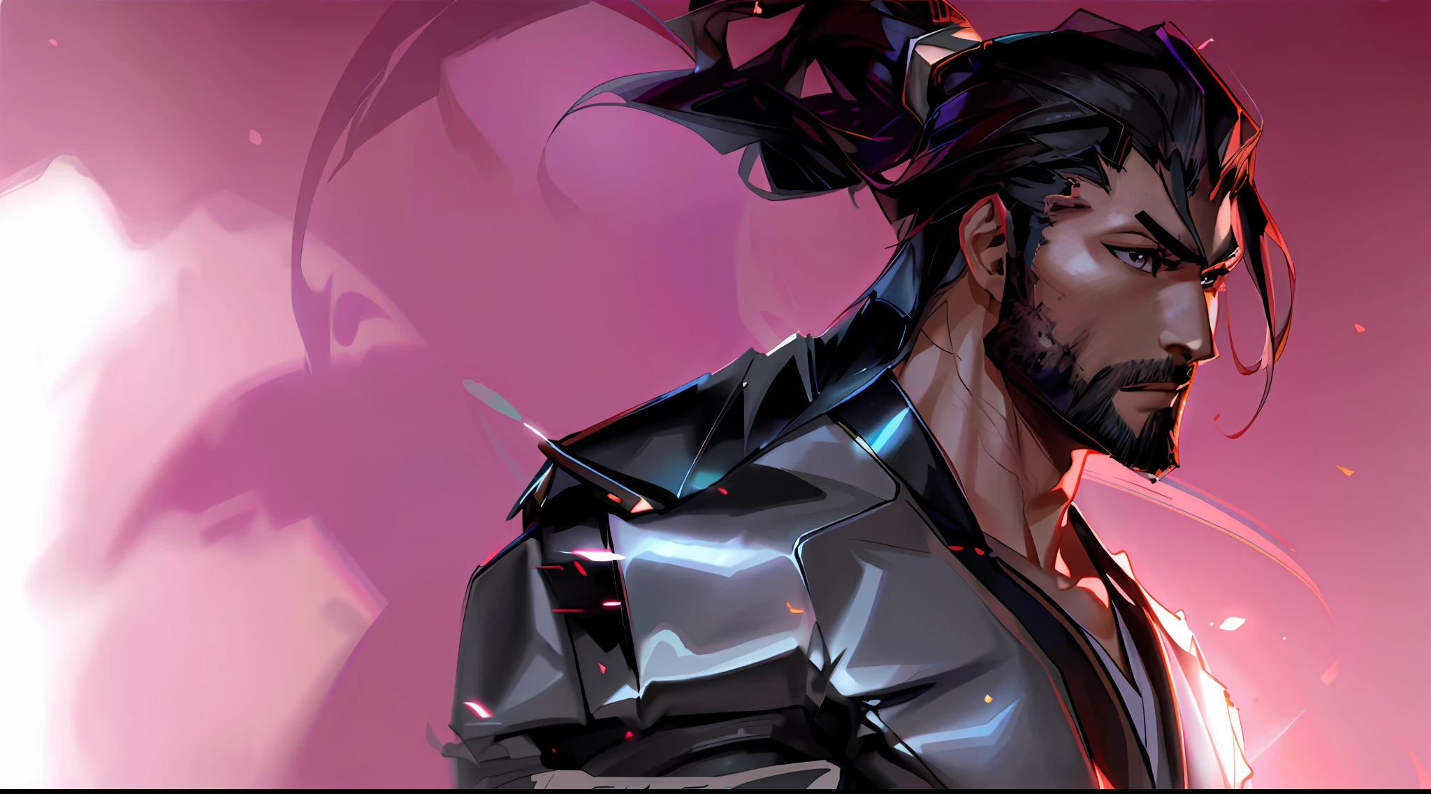 there is a man with a long hair and a leather jacket, sylas, character art closeup, rossdraws volumetric lighting, rossdraws digital painting, rossdraws 2. 0, rossdraws 1. 0, hanzo from overwatch, artgerm detailed, artgerm and atey ghailan, artgerm and craig mullins