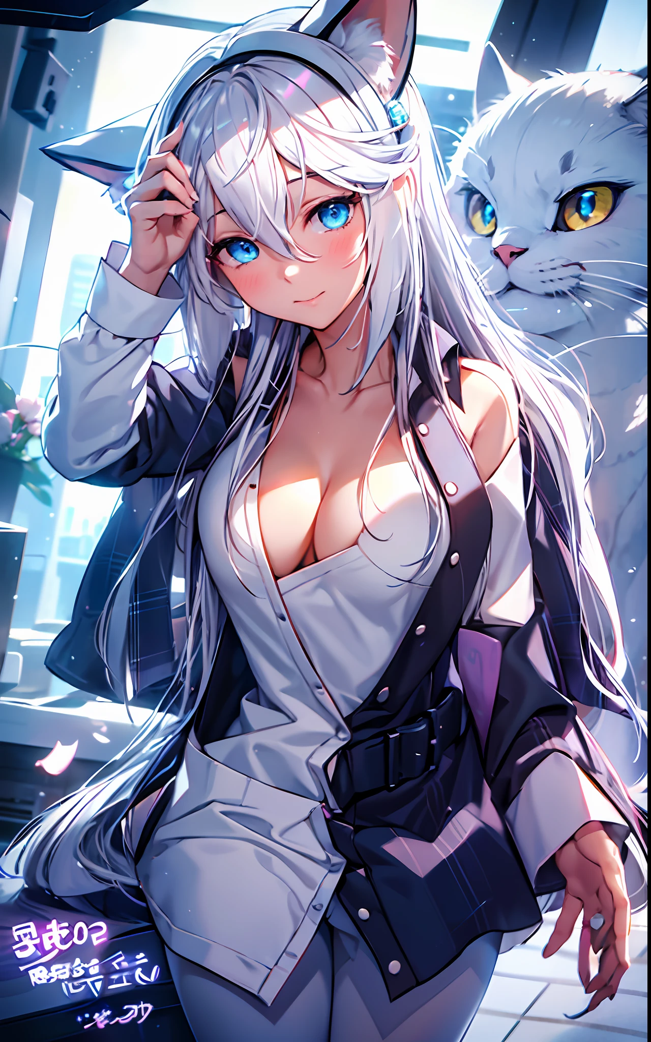 1 girl, white hair, hair bobbles, wince, long eyelashes, solid circle eyes, fake animal ears, light smile, blush ear, tusk, drop shadow, anaglyph, stereogram, tachi-e, pov, motion blur, film grain, flower, mix, cinematic lighting, ccurate, UHD, high detail, best quality, highres, high quality, textured skin, masterpiece, super detail, medium breasts,  blue eyes, office background, detailed background, super detailed eyes, clothes with neckline, super detailed cat pupil