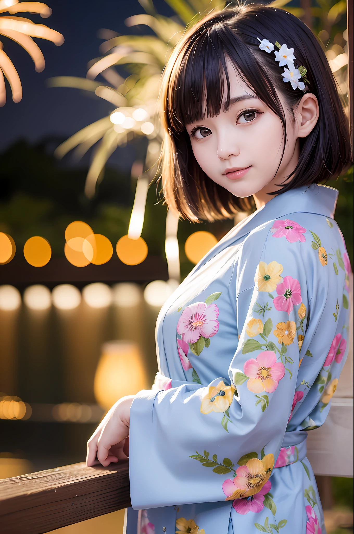 Top quality, Japan female idol, dainty, 20 years old, black hair, short hair, big eyes, small face, cute, smile, cute, beautiful girl, idol style, dynamism, round face, beautiful older sister, one ear sticking out, slightly blushing, neat young lady, texture close to live action, big smile, mouth bigger, hair shorter, hair fluttering in the wind, 10 heads, beauty, outer honey short hair, Short Wolf, Hanging Eyes, Portrait, Solo Shot, Long Eyes, Girlfriend Feeling, Yukata, Fireworks, Small Breasts, Light Blue Yukata, Night, Dark Surroundings, 1 Girl, Only 1 Person, Low Lighting, Fireworks Light, Wharf, Sea at Night, No People Around, Fireworks Reflected on the Sea Surface, Simple Hair Ornament, Right Hand, Right Hand Right, Right Hand