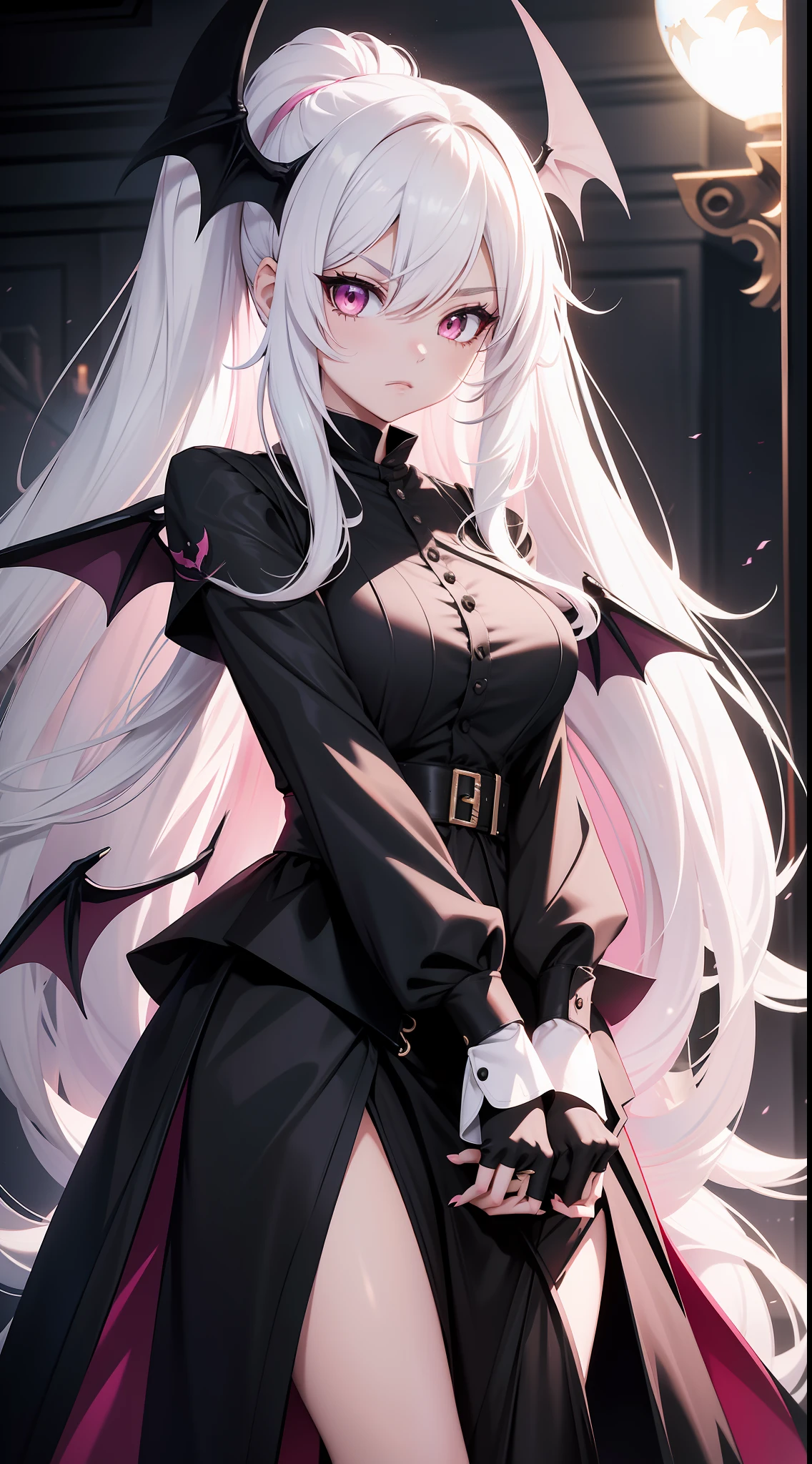 Adult girl, long white hair, high ponytail, pink eyes, bat wings, black rich dress, anger, masterpiece, high quality