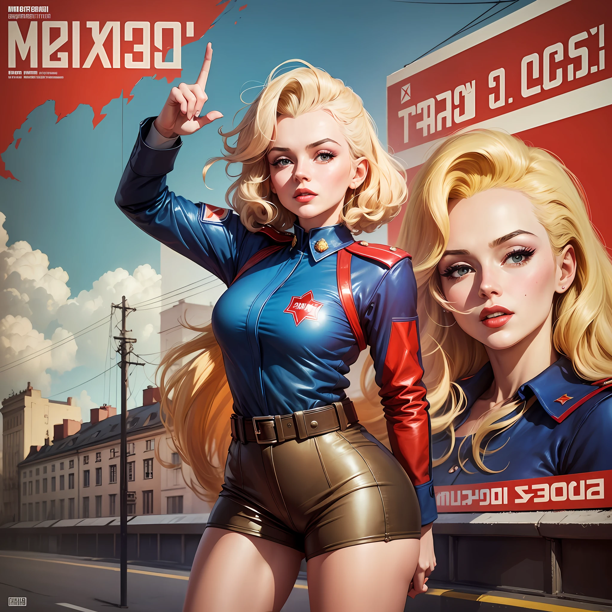 CCCP poster, soviet poster, USSR Flag in background, USSR Poster, Soviet Union poster, October Revolution, ((CCCP Poster, Soviet Poster)) (blond 1 mature girl holding up her hand in the air) propaganda Poster, poster, Soviet flag on pole, blue sky with fighter jet, uniform, 1girl, solo, good body, Poster design, poster art style. 1980s, 1950s, 1960s, basic colour scheme, Very colourful poster, colour art, thirds rule, inspiring, general, military officer, woman, 1 mature girl, hair blowing in the wind, hand high in the air, revolutionary, pointing with finger, red square backdrop, thick legs, marilyn monroe moment. --auto --s2