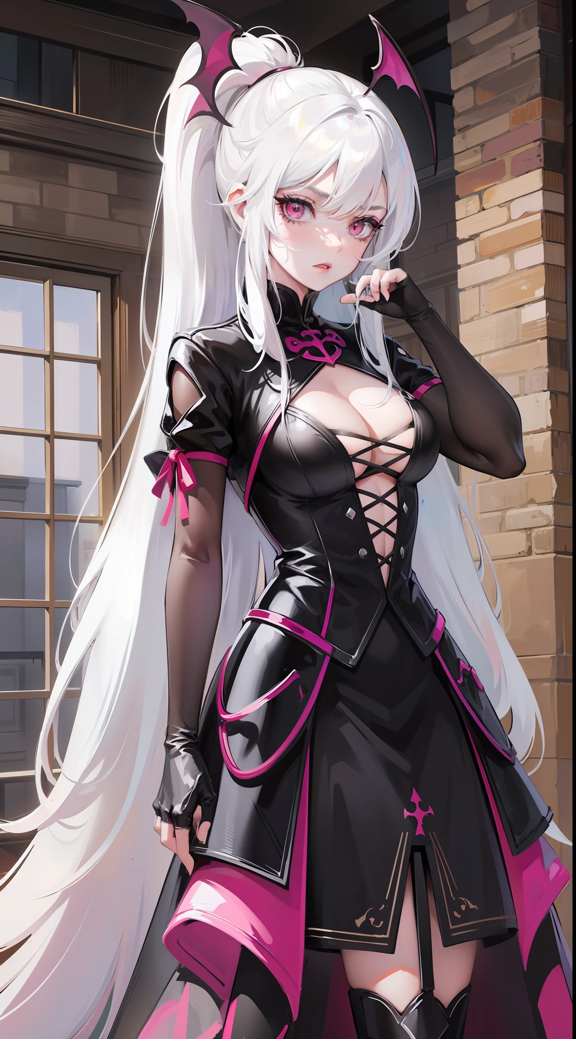 Adult girl, long white hair, high ponytail, pink eyes, bat wings, black rich dress, anger, masterpiece, high quality