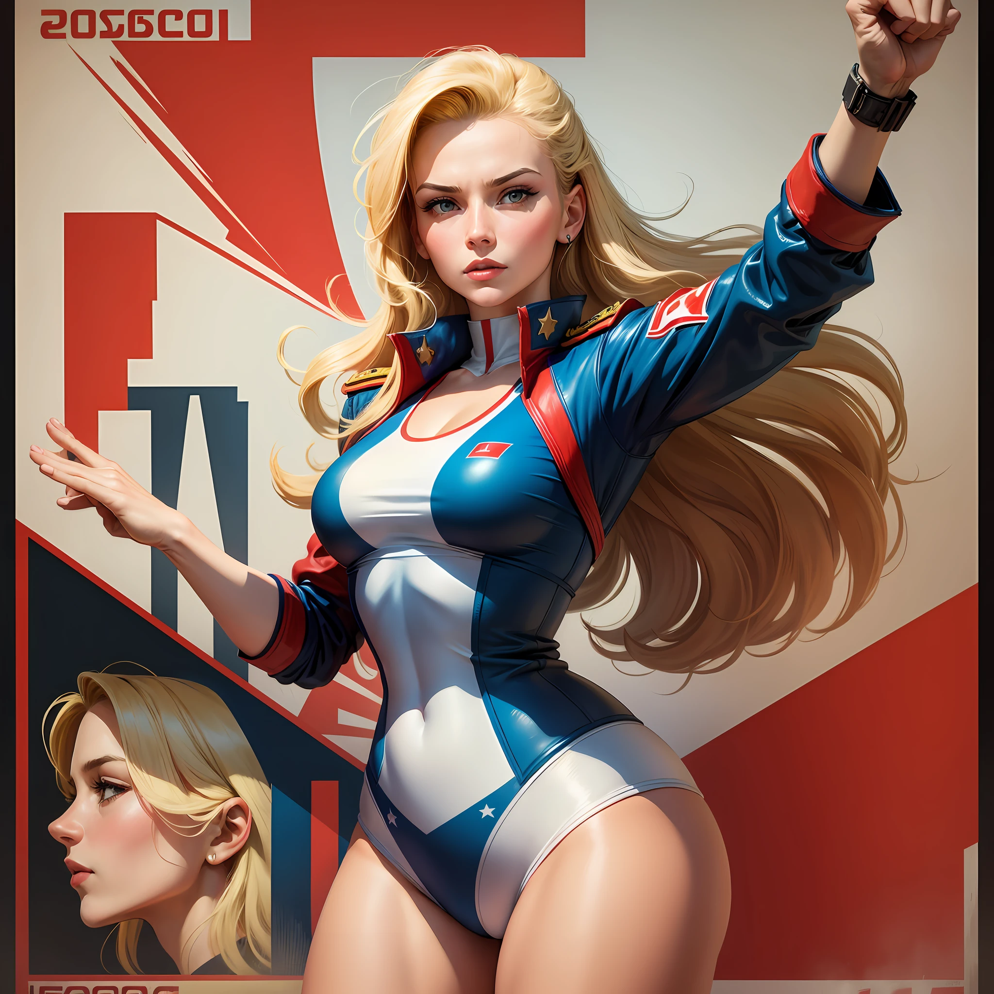 CCCP poster, soviet poster, USSR Flag in background, USSR Poster, Soviet Union poster, October Revolution, ((CCCP Poster, Soviet Poster)) (blond 1 mature girl holding up her hand in the air) propaganda Poster, poster, Soviet flag on pole, blue sky with fighter jet, irresistible bikini uniform, 1girl, solo, good body, Poster design, poster art style. 1980s, 1950s, 1960s, basic colour scheme, Very colourful poster, colour art, thirds rule, inspiring, general, military officer, woman, 1 mature girl, hair blowing in the wind, hand high in the air, revolutionary, pointing with finger, red square backdrop, thick legs. --auto --s2
