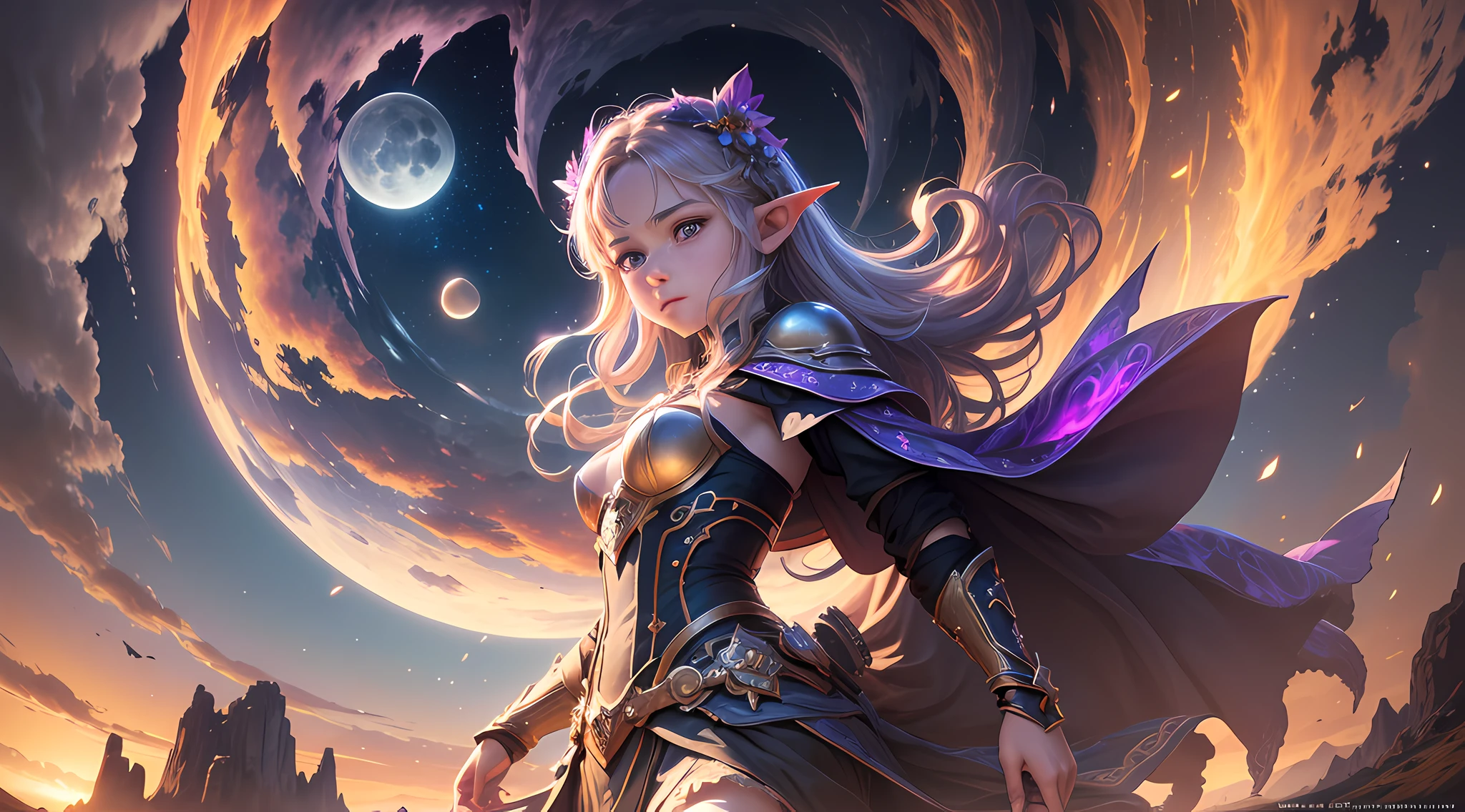 Vast landscape photos, (from below, sky above, open field below), an elf girl standing on a flower field looking up at the sky, extreme detail, shuriken, (Full Moon: 1.2), (Meteor: 0.9), (Nebula: 1.3), distant mountains, Trees BREAK Making art, (Warm light source: 1.2), (Firefly: 1.2), lamps, lots of purple and orange, intricate details, volumetric lighting, realism BREAK (Masterpiece: 1.2), (Best Quality), 4K, Ultra-Detailed, (Dynamic Composition: 1.4), Very Detailed, Colorful Detail, (Iridescent Color: 1.2), (Glow Illumination, Atmospheric Lighting), Dreamy, Magical, (Solo: 1.2) --auto --s2