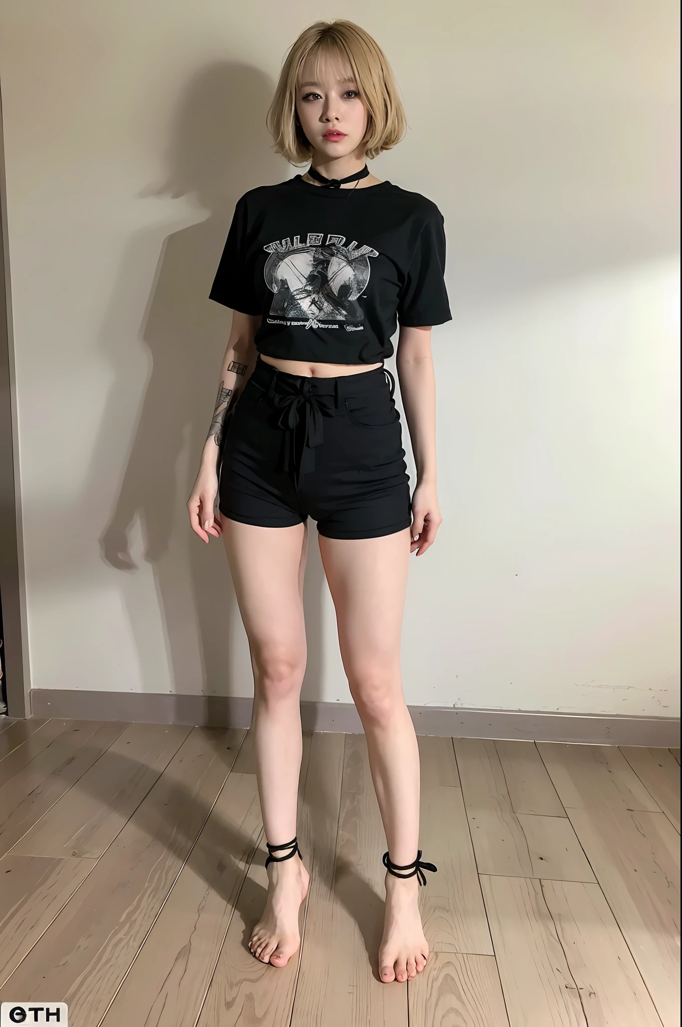 (8k:1.27), best quality, masterpiece, ultra highres:1.2), kidnapped lesbian goth girl with arm tattoos, tattooed girl, full body picture, old black rock band oversized knotted prisoner t-shirt, big t-shirt, short big sleeves, white short sport pants tied with a rope, wearing dirty old goth clothes, dyed yellow blonde hair, short blonde bob hairstyle, back blonde bun, blonde hair bangs, kneeling in a dirty room, handcuffed, hands tied with rope behind body, submissive neck choker and leash in neck, 4k or 8k picture, looking at the floor down very sad, very sad face, paisley bandana ribbon hairband, smelly, barefoot, praying, rope hanging from ceiling