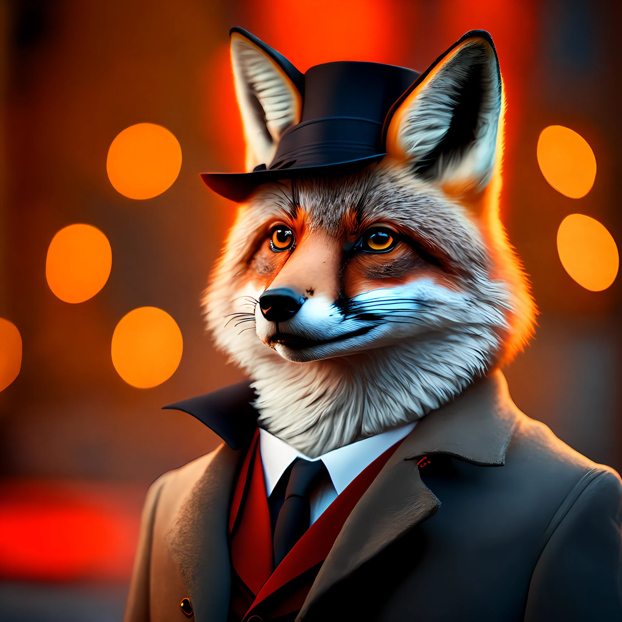 award winning portrait of a fox dressed as a secret agent, on the Red Square, bokeh, backlit