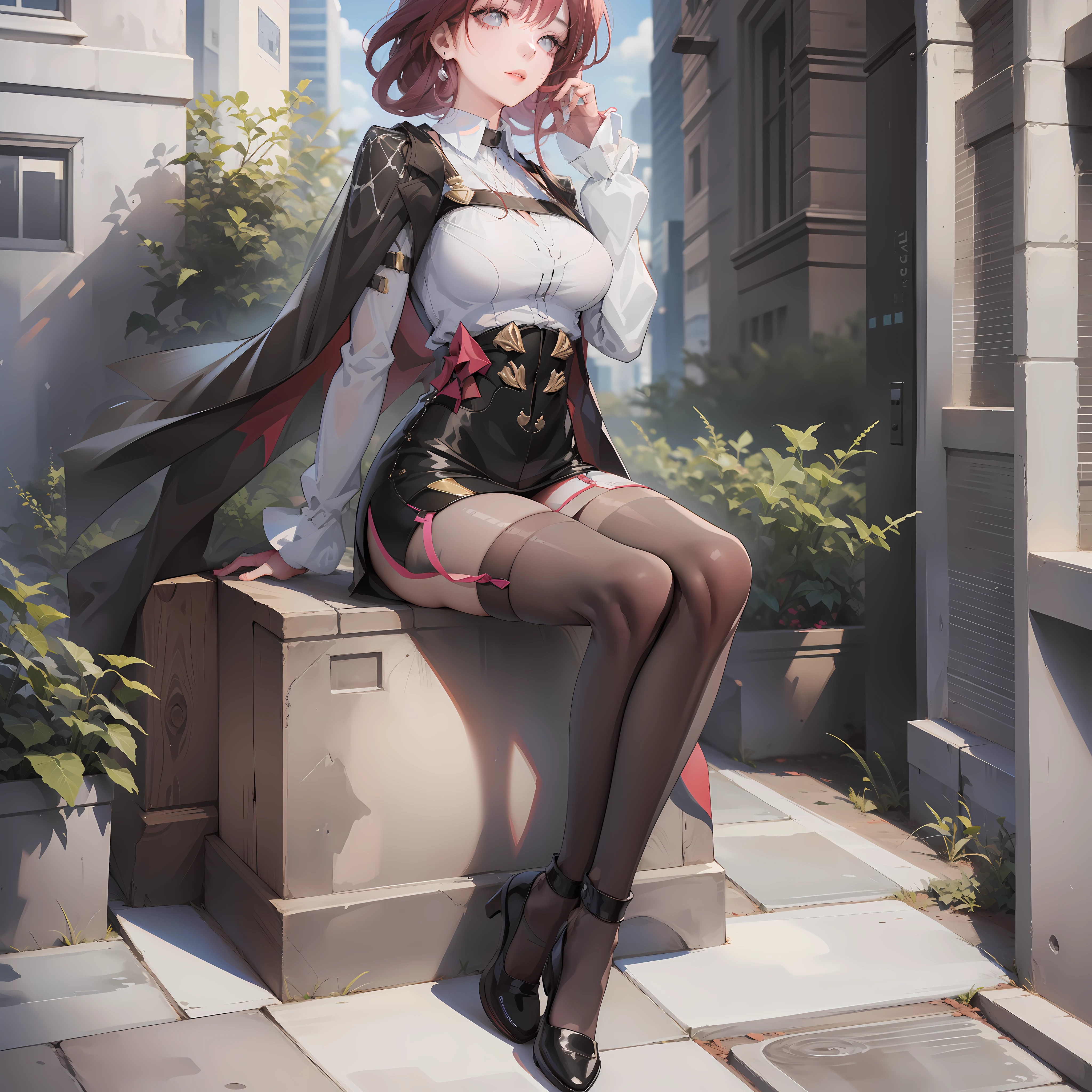 Best Quality, Full Body Portrait, Delicate Face, Beautiful Face, 25 Year Old Woman, Slim Figure, Large Bust, OL Uniform, Office Wear, Black Stockings, Outdoor Scene, Seated, (Masterpiece), (Best Quality), Perfect Figure, Ultra Detailed, Detailed Face, Girl, Best Quality