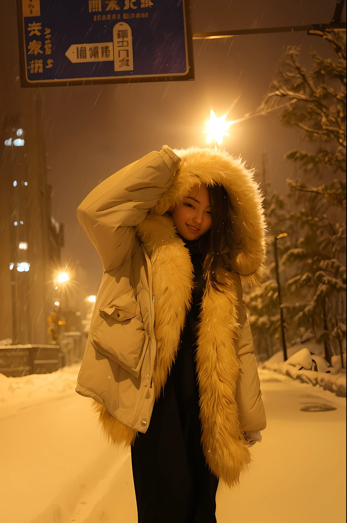 arafed woman in a fur coat standing on a snowy street, action shot girl in parka, backlit shot girl in parka, snowstorm ::5, in snow, during snowfall, snowfall at night, only snow i the background, full body:: snow outside::, in the snow, inspired by Liu Haisu, snowfall, snowing