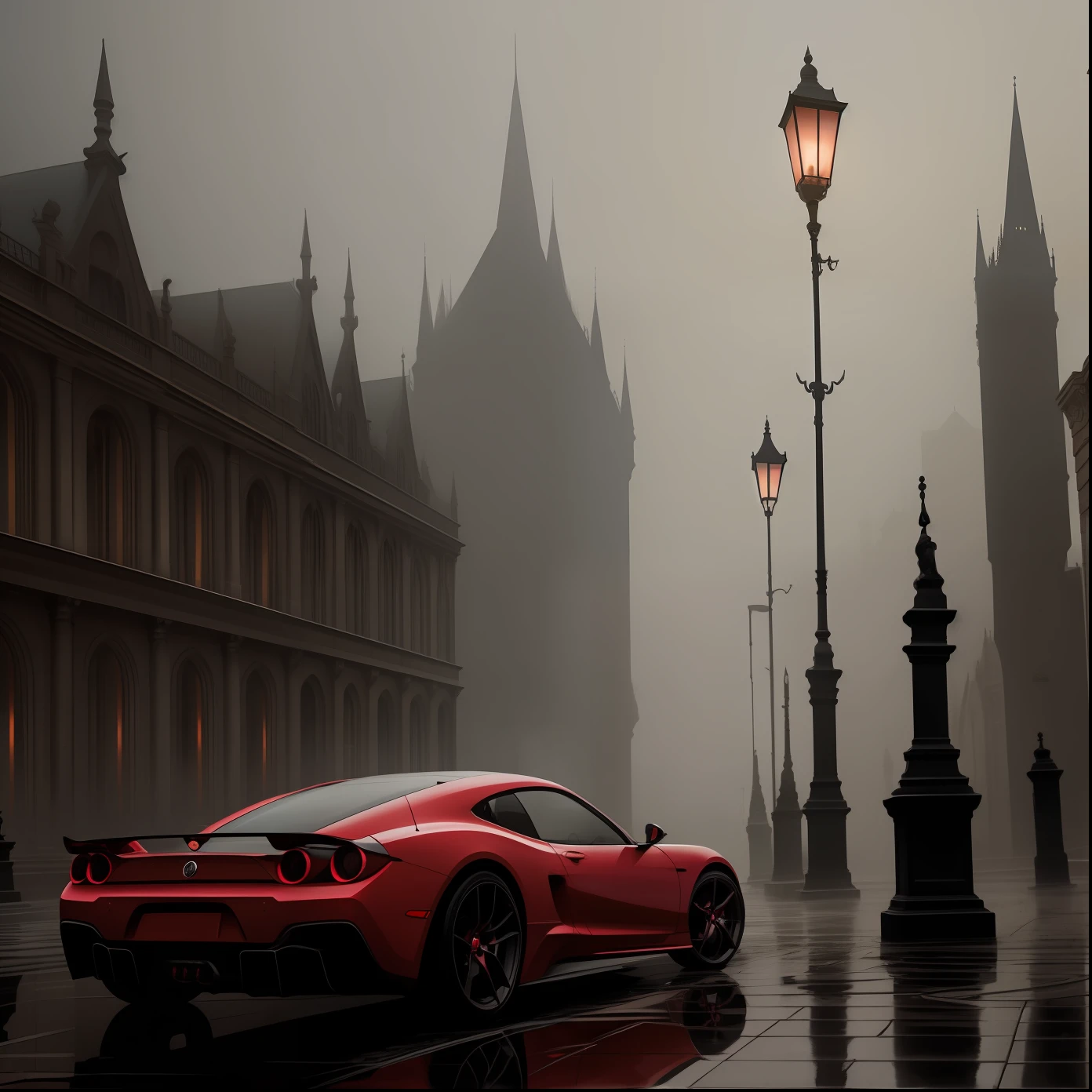 Masterpiece, gothic palace, foggy, darkness, empty street, streetlight, (statues all over the street:1.2), red sport car, puddles on the pavement, high quality, red light, in the style of Greg rutkowski