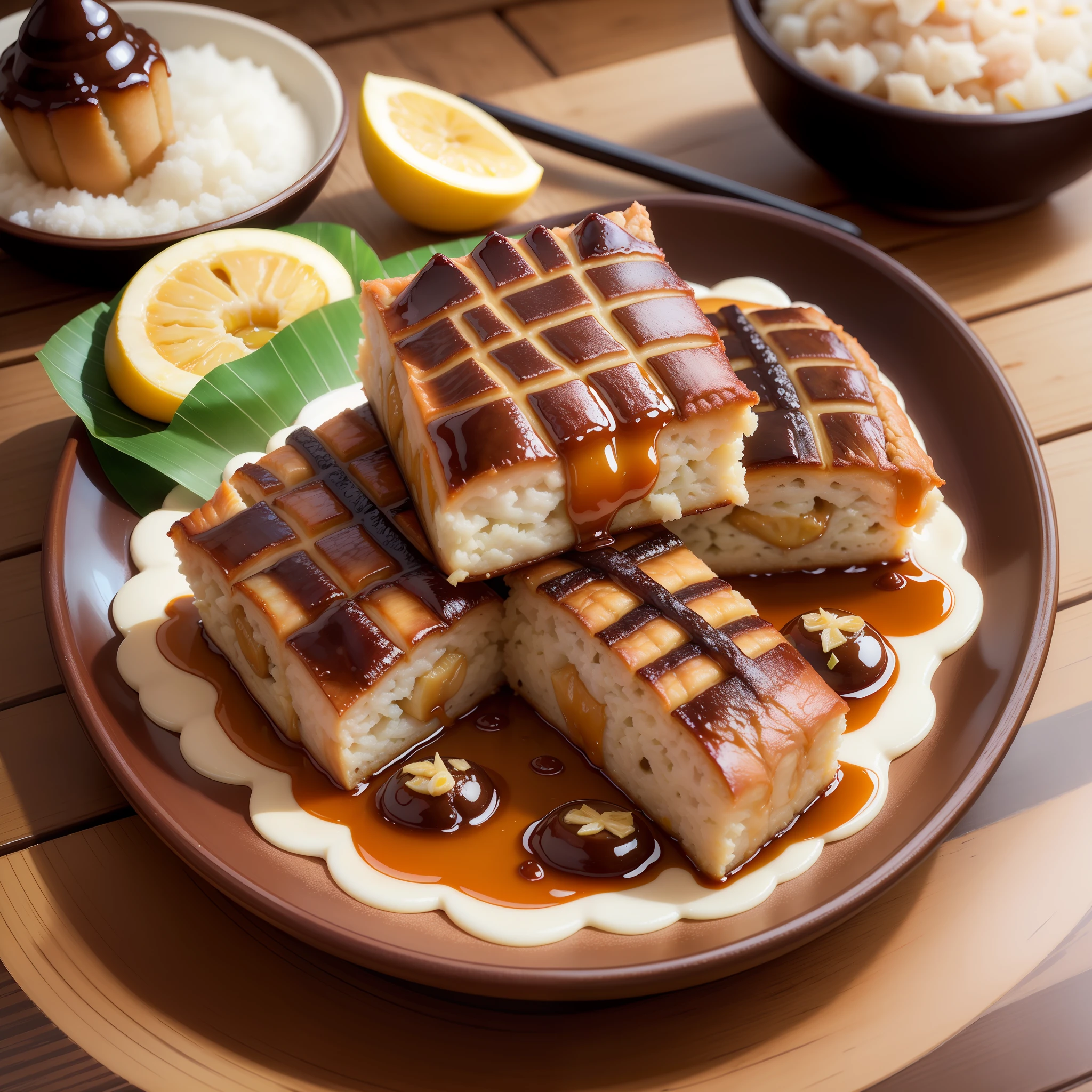 Highest Quality, Best Work, Masterpiece, RAW Photo Effect, Realistic Photo Effect, Super High Detail, Super Fine, Pastry with Triangle on Banana Leaf, Pastry with Sticky Rice, Shiitake Mushrooms, Shrimp, Egg Yolk, Pork Belly, , Pan Renwei Style, Triangle, Mashed, 5 D,