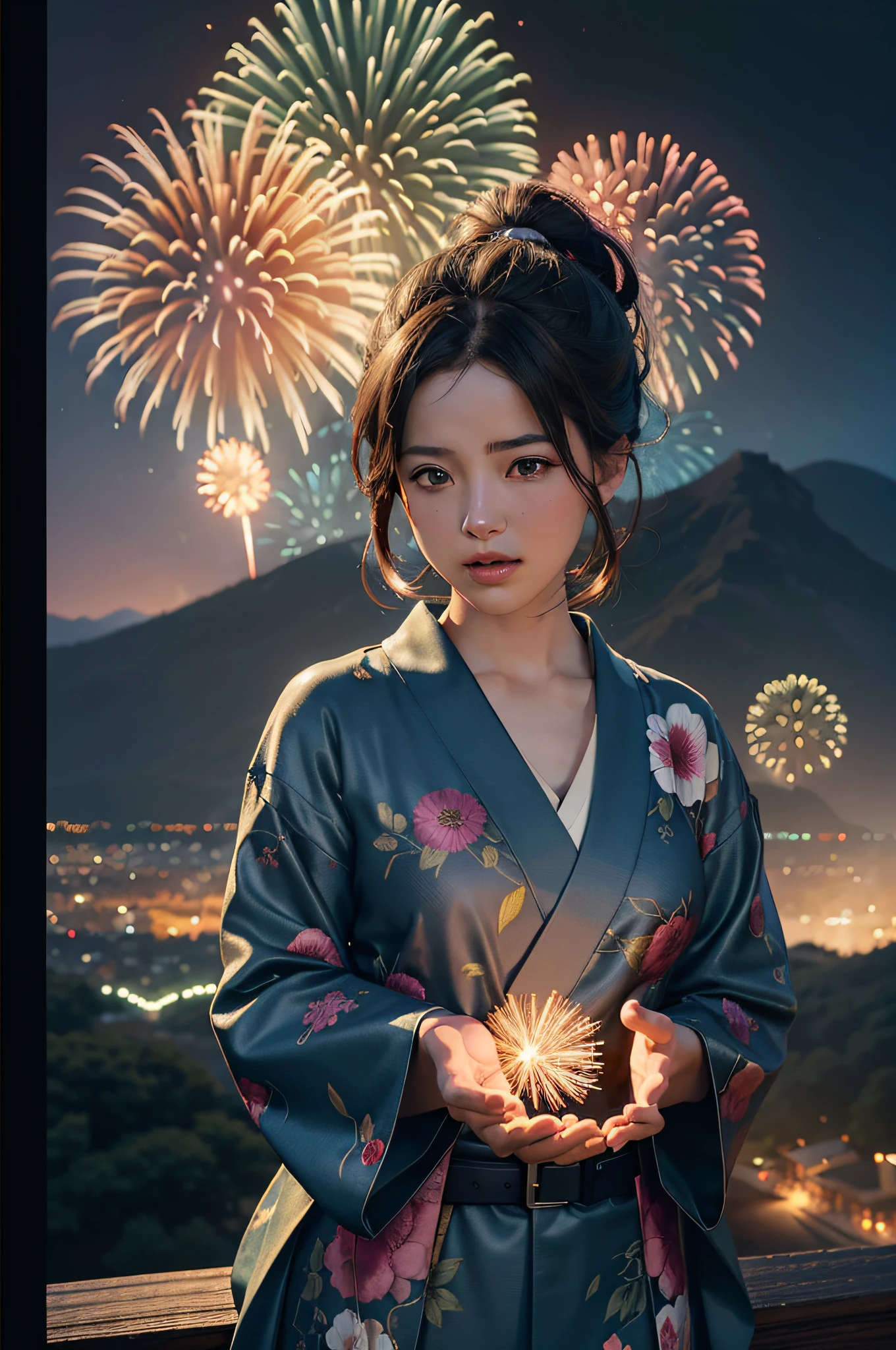 A very detailed matte painting depicting a fireworks bloom at a Japanese fireworks festival on a mountain, by Makoto Shinkai, by Artgerm, by Wlop, by Greg Rukowski, volumetric lighting, octane rendering, 4K resolution, ArtStation Trend, Masterpiece