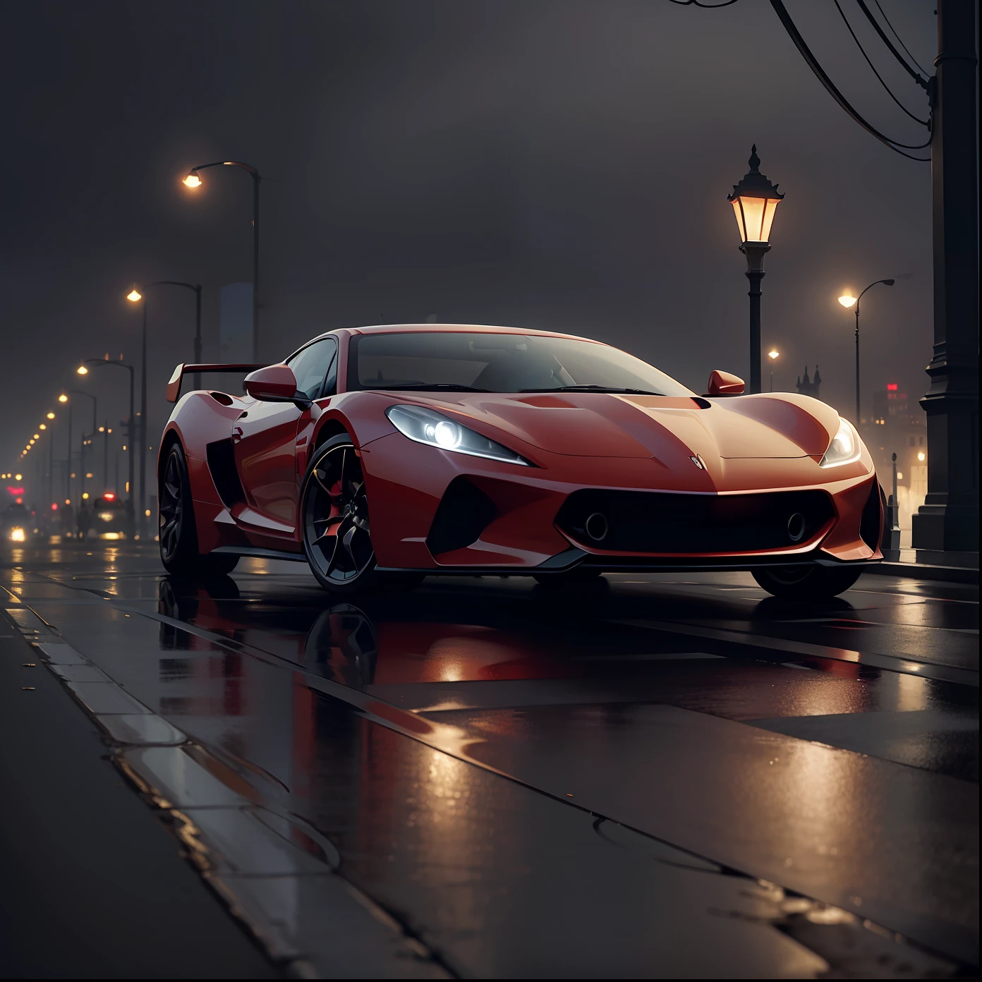 Masterpiece, gothic palace, foggy, darkness, empty street, streetlight, (statues all over the street:1.2), red sport car, puddles on the pavement, high quality, red light, in the style of Greg rutkowski