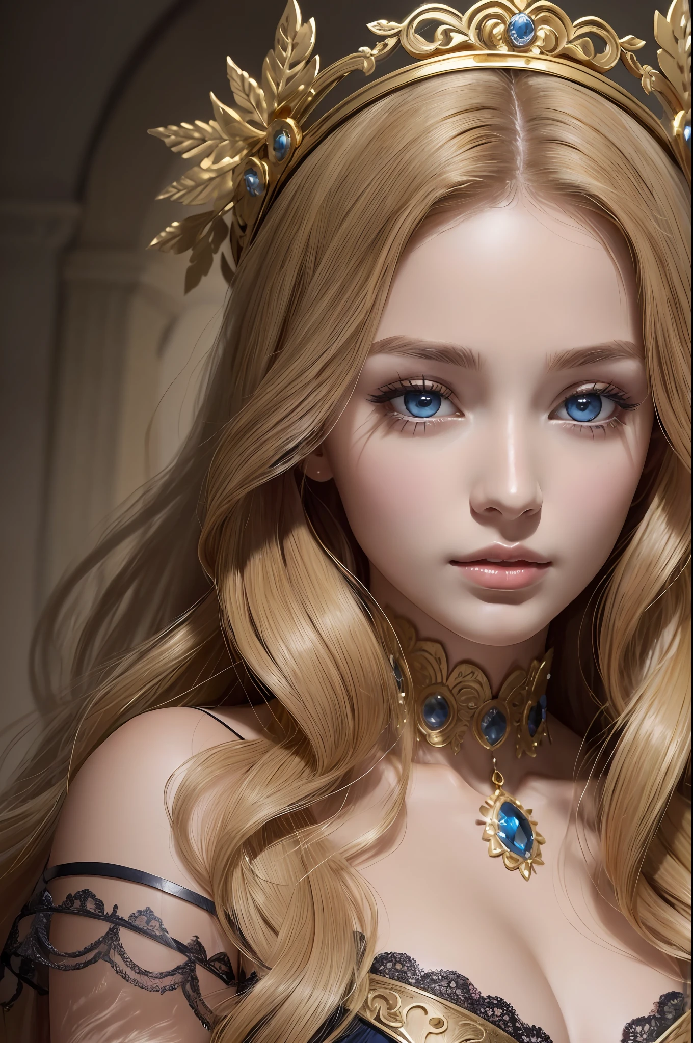 ( Absurd, High quality, ultra-detailed, masterpiece, concept art, smooth, highly detailed artwork, hyper-realistic painting )beautiful eyes(eyes detailed), Greek mythology, Helen of Sparta, princess Helen, the most beautiful woman in the world, beauty was extraordinary, enchanting, with radiant features and a flawless complexion, lovely, mesmerizing eyes that held a magnetic charm, drawing people towards her, Golden hair color, cascading down her shoulders in waves, her beauty became a source of conflict and tragedy, Whole body, lace lingerie