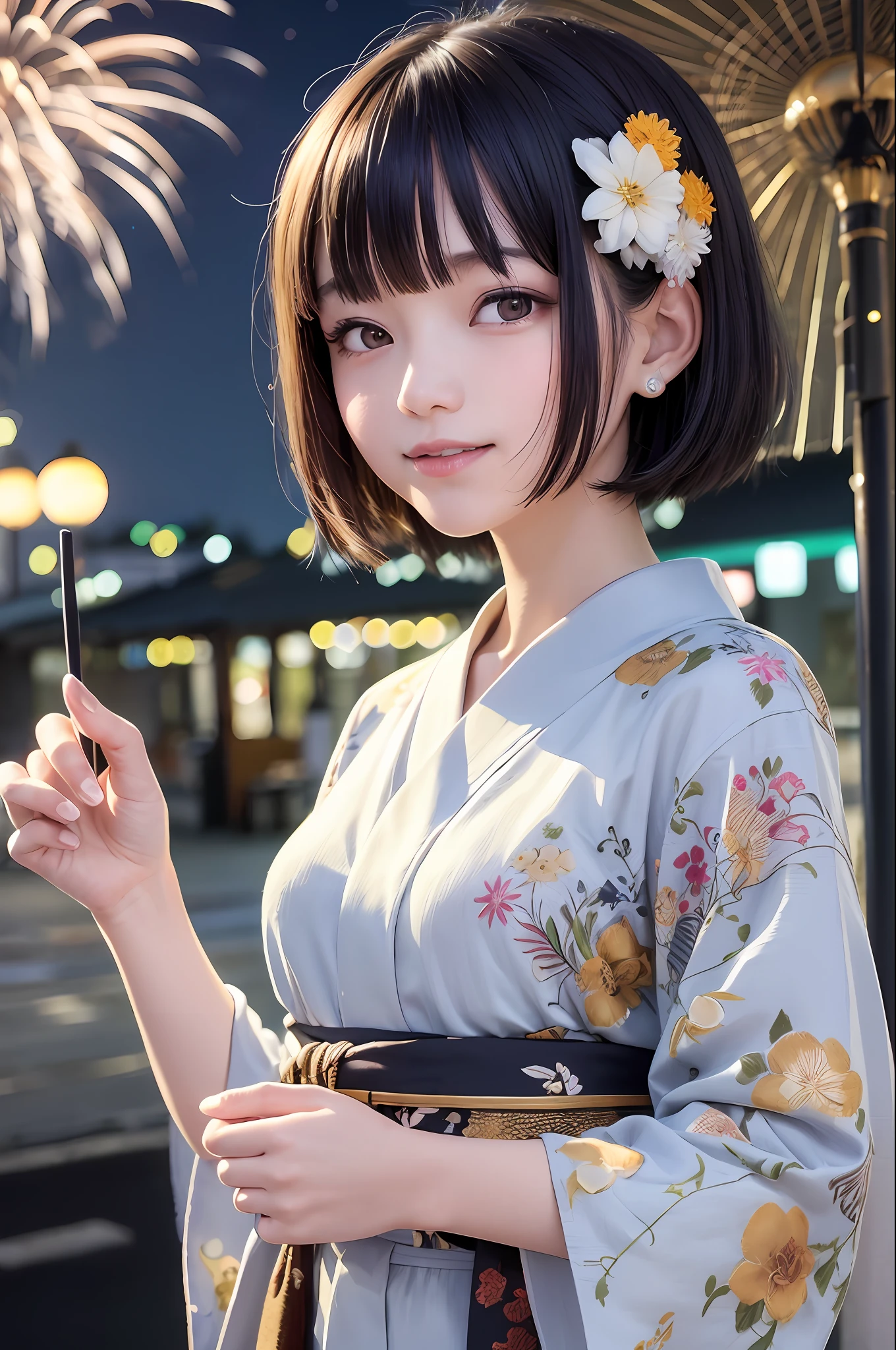 Top quality, Japan female idol, dainty, 20 years old, black hair, short hair, big eyes, small face, cute, smile, cute, beautiful girl, idol style, dynamism, round face, beautiful older sister, one ear sticking out, slightly blushing, neat young lady, texture close to live action, big smile, mouth bigger, hair shorter, hair fluttering in the wind, 10 heads, beauty, outer honey short hair, Short Wolf, Hanging Eyes, Portrait, Solo Shot, Long Eyes, Girlfriend Feeling, Yukata, Fireworks, Small Breasts, Light Blue Yukata, Night, Dark Surroundings, 1 Girl, Only 1 Person, Low Lighting, Fireworks Light, Wharf, Sea at Night, No People Around, Fireworks Reflected on the Sea Surface, Simple Hair Ornament, Right Hand, Right Hand Right, Right Hand