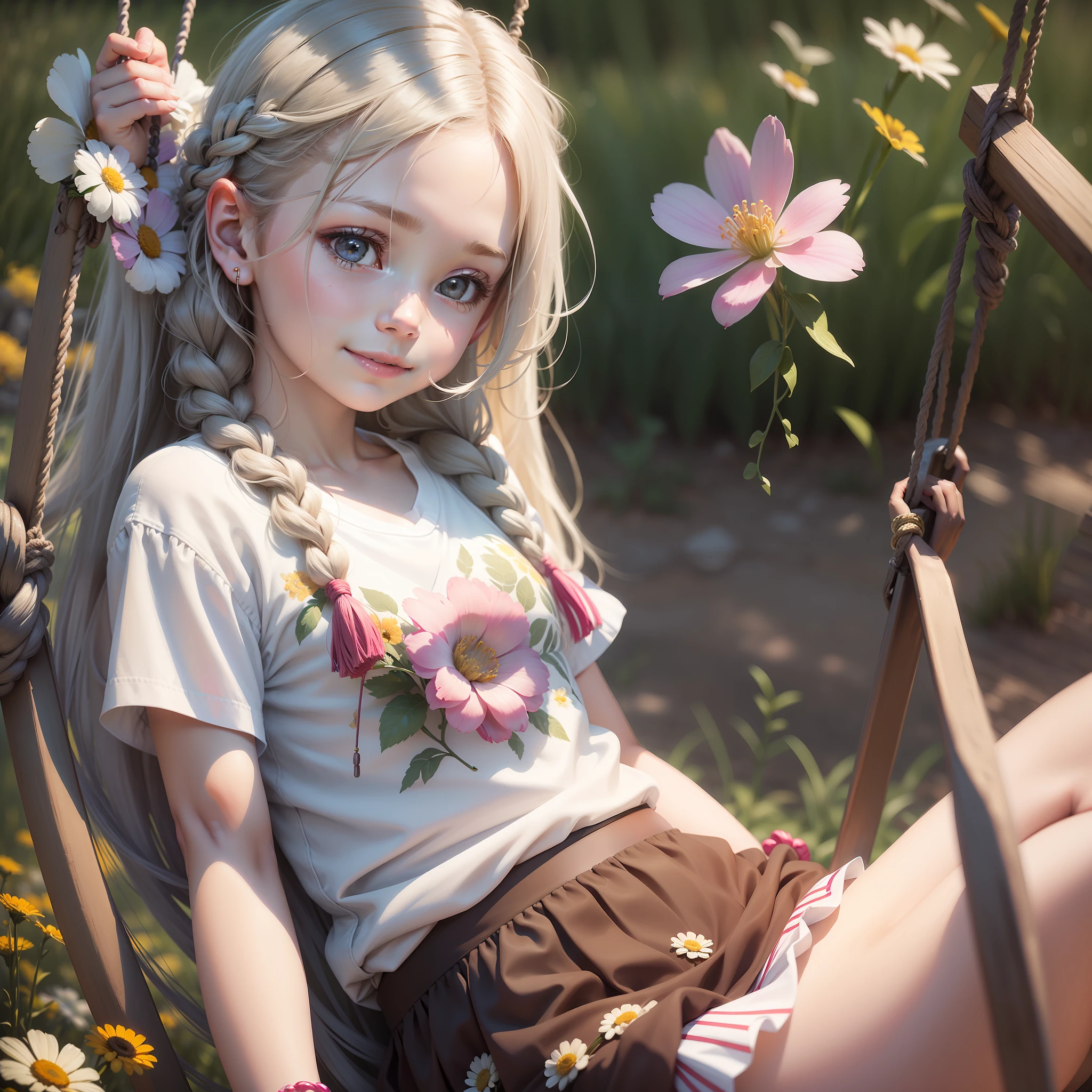 Realistic portrait of a 6 girl ((white skin)) cute, lovely smile, ((on swing)), wearing colorful t-shirt and short skirt, fashion, long hair braid, ((bracelet)), Background meadow wildflowers, medium shot, detailed facial details, perfect face, clarity, trendy art, sharp facial details, super fine details, 4k, 8k lighting smooth, --iso 100 dreamy, stylish--