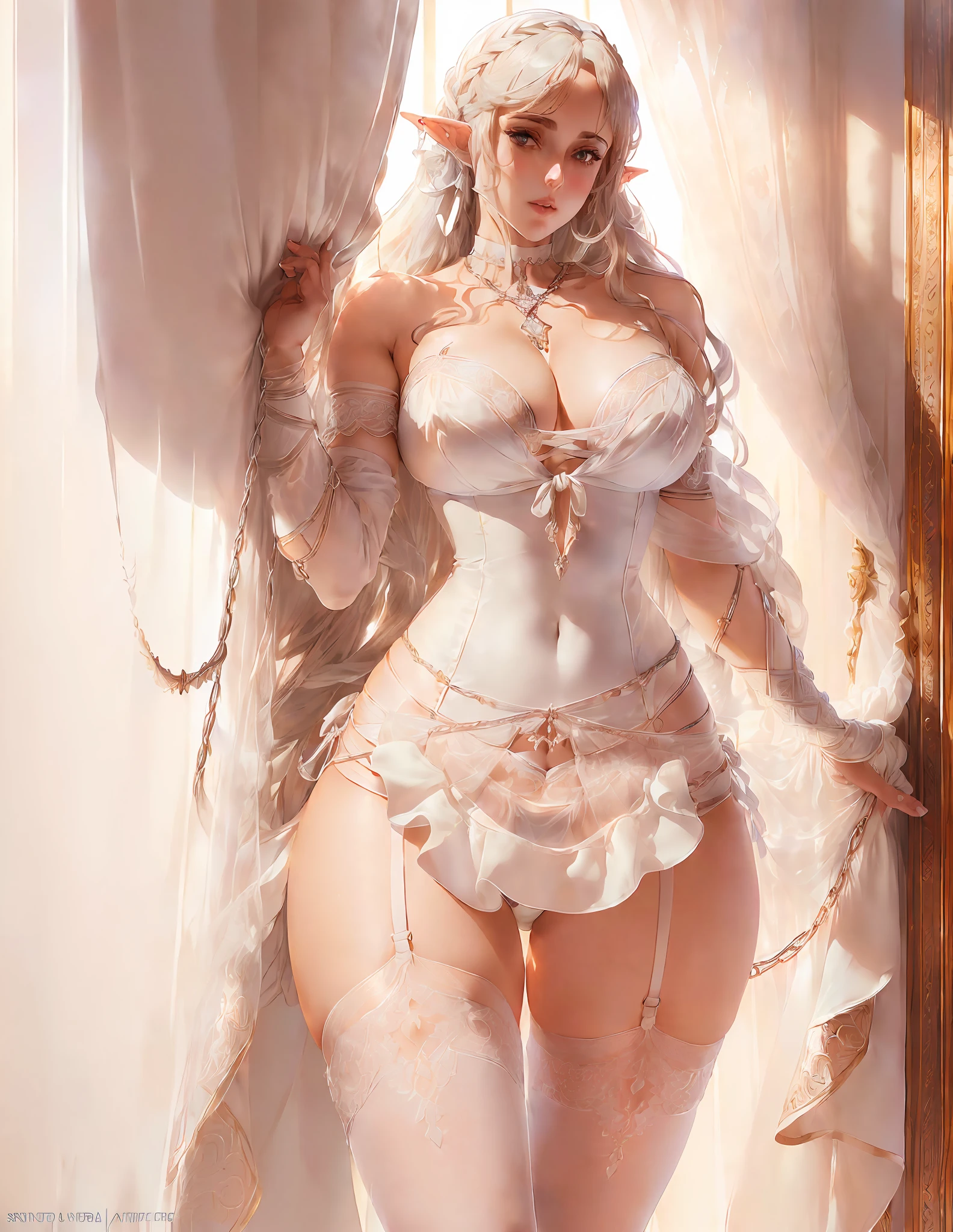 nsfw,((shibari)((arm behind back)),(((fully tied up))((pillory)),(Fidelity: 1.4), marble statue of Venus, goddess of love adorned with silver ornaments, masterpiece, top quality, (perfect face: 1.1) , (high detail: 1.1), dramatic , female triplets, breasts, white hair, blue eyes, elf, cleavage, long hair, curvaceous, sexuality, big, moon, see-through, night, dress, thighs, navel, white dress, laced choker, bare shoulders, wide hips, thick thighs, lips, covered, laced robes, pelvic curtains, laced pelvic curtains, toned pelvis, toned hips, milky hips, navel piercing, body piercing, huge breasts, muscles, Big biceps, thigh muscles, bruised knees, see-through miniskirt, shorts down to the knees, white garter belt, white heels, white sandals, body piercings, Asuna's waist, neck chain, Devil's castle, detailed background, art by Artgerm and Greg Rutkowski, movie lighting