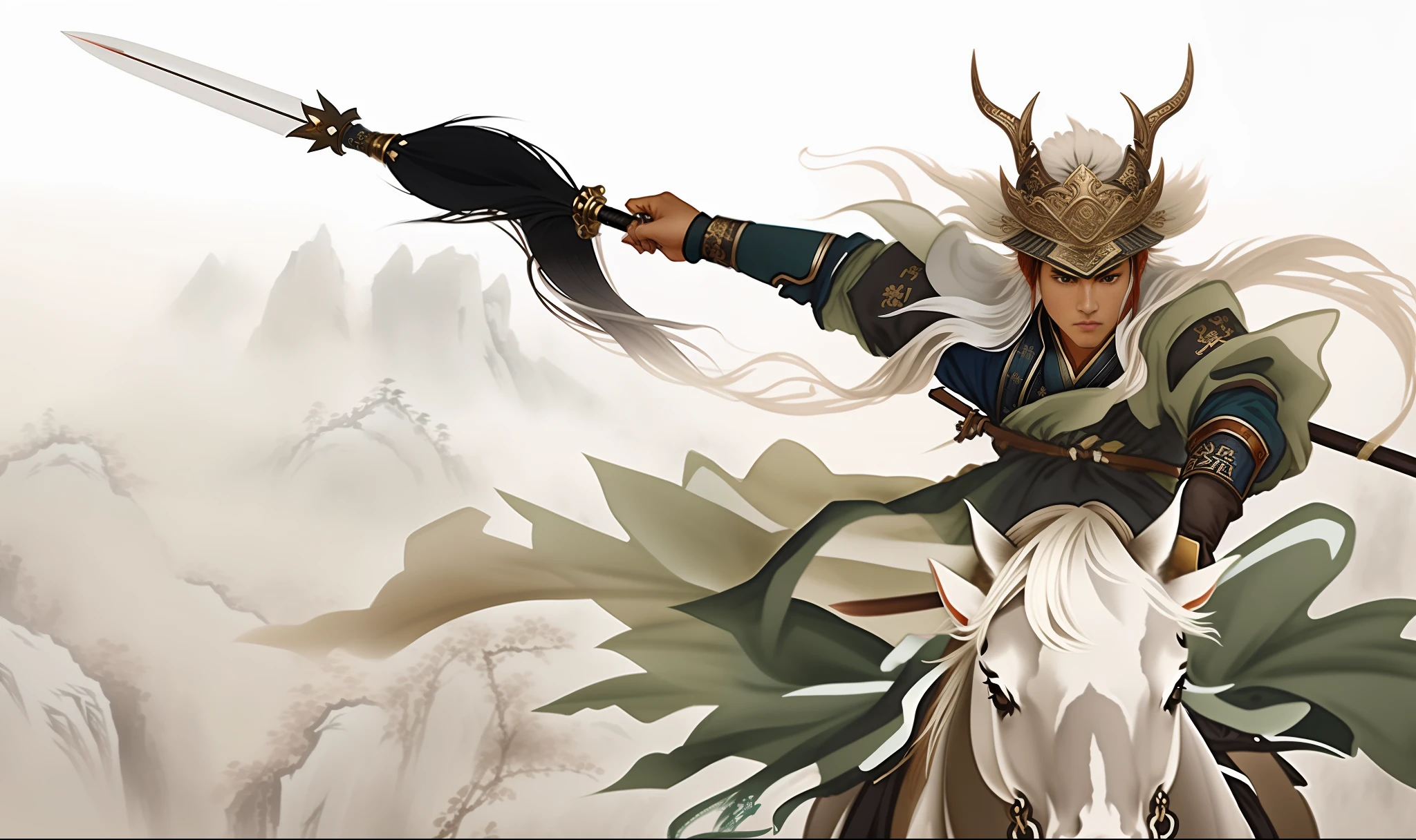 Close-up of a man riding on a horse with a spear, Onmyoji Detailed Art, Onmyoji, Onmyoji Portrait, Chinese Mythology, Ma Chao, White Horned Demon, Male Samurai, Epic Exquisite Character Art, Door God in Chinese Mythology, Chinese Mythology, 2. 5 D CGI anime fantasy work, Amaterasu