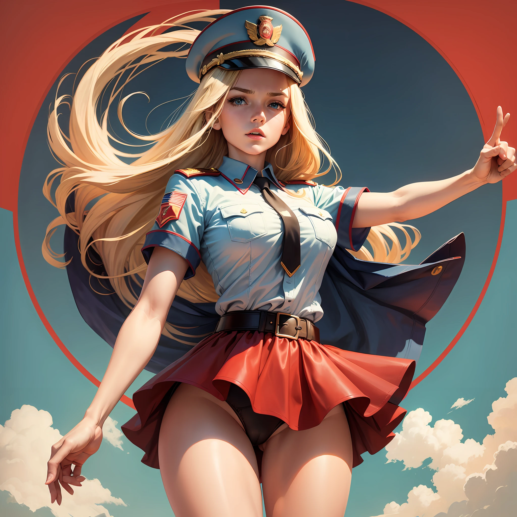 CCCP poster, soviet poster, USSR Flag in background, USSR Poster, Soviet Union poster, October Revolution, ((CCCP Poster, Soviet Poster)) (blond 1 mature girl holding up her hand in the air) propaganda Poster, poster, Soviet flag on pole, blue sky with fighter jet, sexy uniform, short red skirt, big red hat, tight white shirt, 1girl, solo, good body, Poster design, poster art style. 1980s, 1950s, 1960s, basic colour scheme, Very colourful poster, colour art, thirds rule, inspiring, general, military officer, woman, 1 mature girl, light blonde hair blowing in the wind, hand high in the air, revolutionary, pointing with finger, red square backdrop, thick legs, skirt caught by wind revealing underwear. --auto --s2