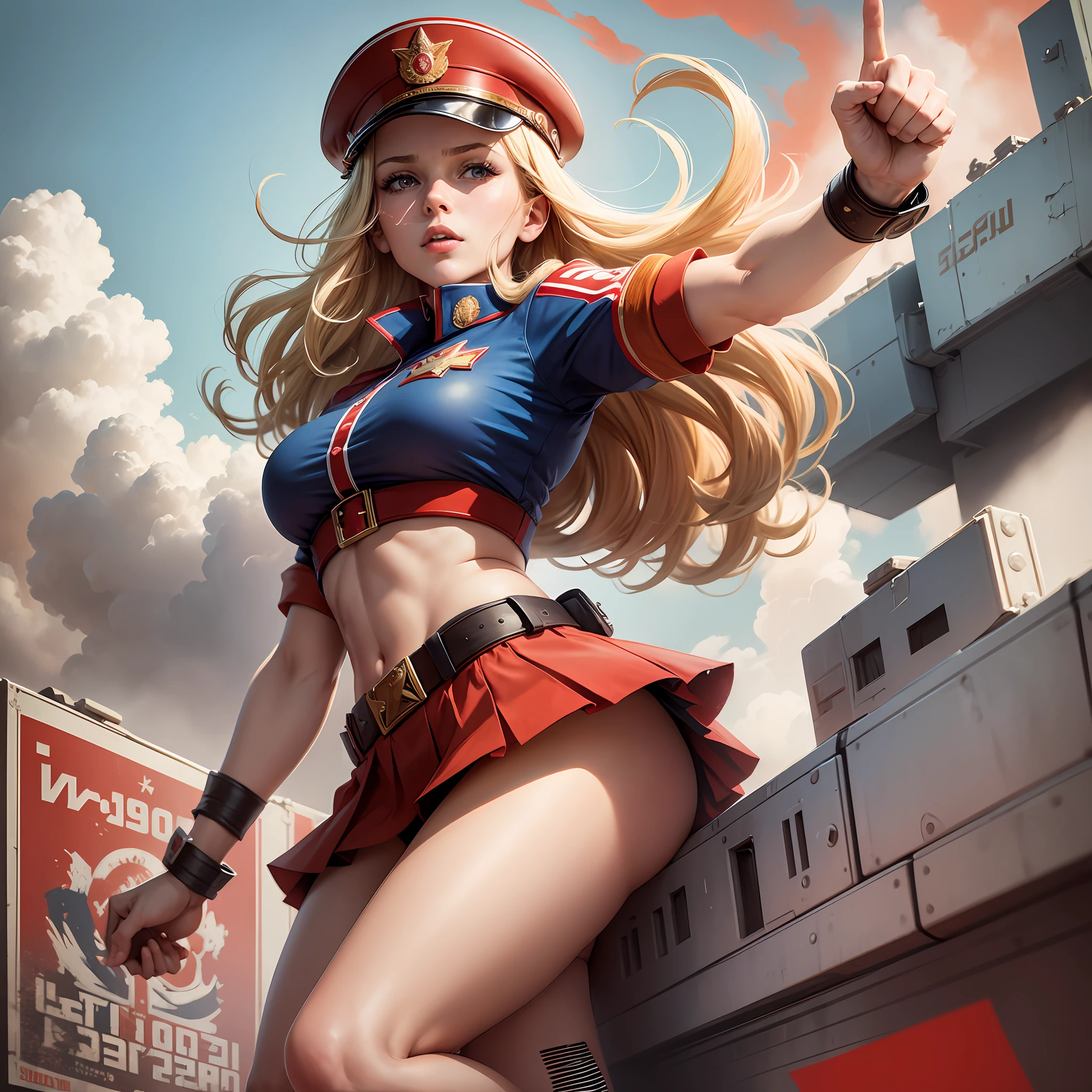 CCCP poster, soviet poster, USSR Flag in background, USSR Poster, Soviet Union poster, October Revolution, ((CCCP Poster, Soviet Poster)) (blond 1 mature girl holding up her hand in the air) propaganda Poster, poster, Soviet flag on pole, blue sky with fighter jet, sexy uniform, short red skirt, big red hat, tight white shirt, blue underwear with flower pattern, 1girl, solo, good body, Poster design, poster art style. 1980s, 1950s, 1960s, basic colour scheme, Very colourful poster, colour art, thirds rule, inspiring, general, military officer, woman, 1 mature girl, light blonde hair blowing in the wind, hand high in the air, revolutionary, pointing with finger, red square backdrop, thick legs, skirt caught by wind revealing underwear. --auto --s2