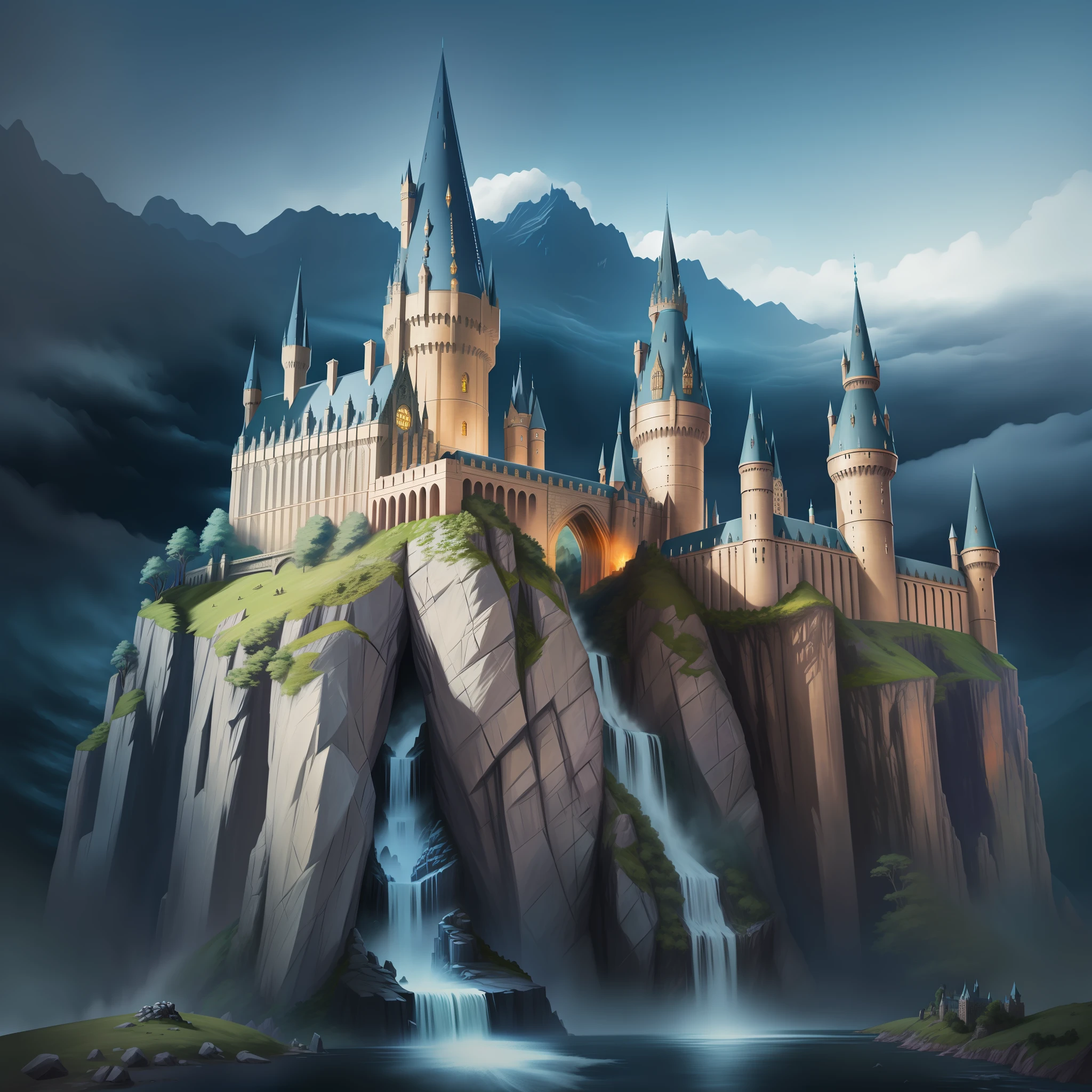 Hogwarts Castle Huge Castle Fantasy Sci-Fi Top Quality Harry Potter Masterpiece Future World Giant Waterfall