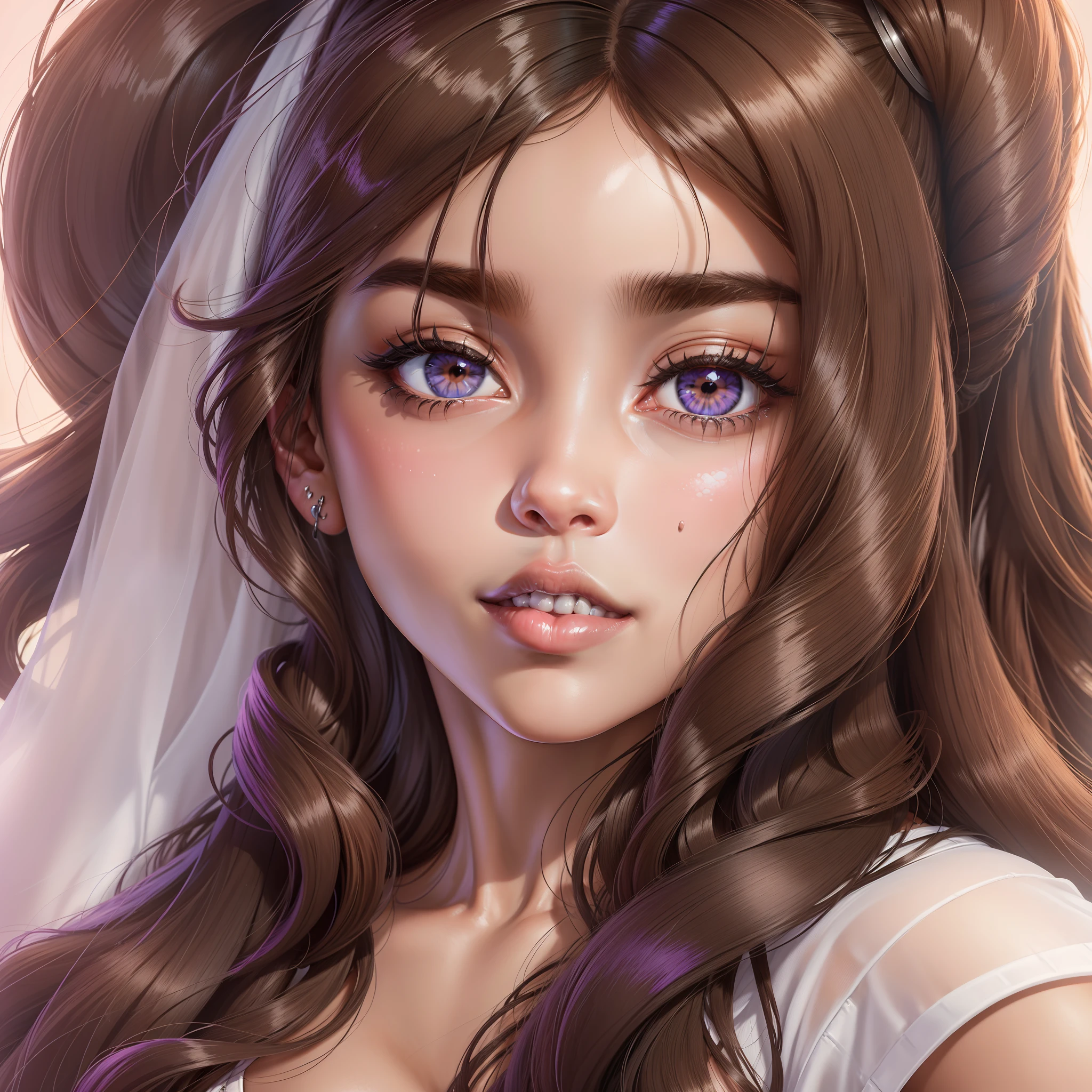a closeup of an anitta singer woman with long hair wearing a white shirt, Madison Beer, Madison Beer Girl Portrait, Olivia Culpo, brunette with dyed brown hair, Violet Myers, gorgeous Latino face, portrait of Demi Rose, long brown hair, Soft Devil Queen Madison Beer, brown hair with bangs, dark brown hair and tanned skin, by Robbie Trevino