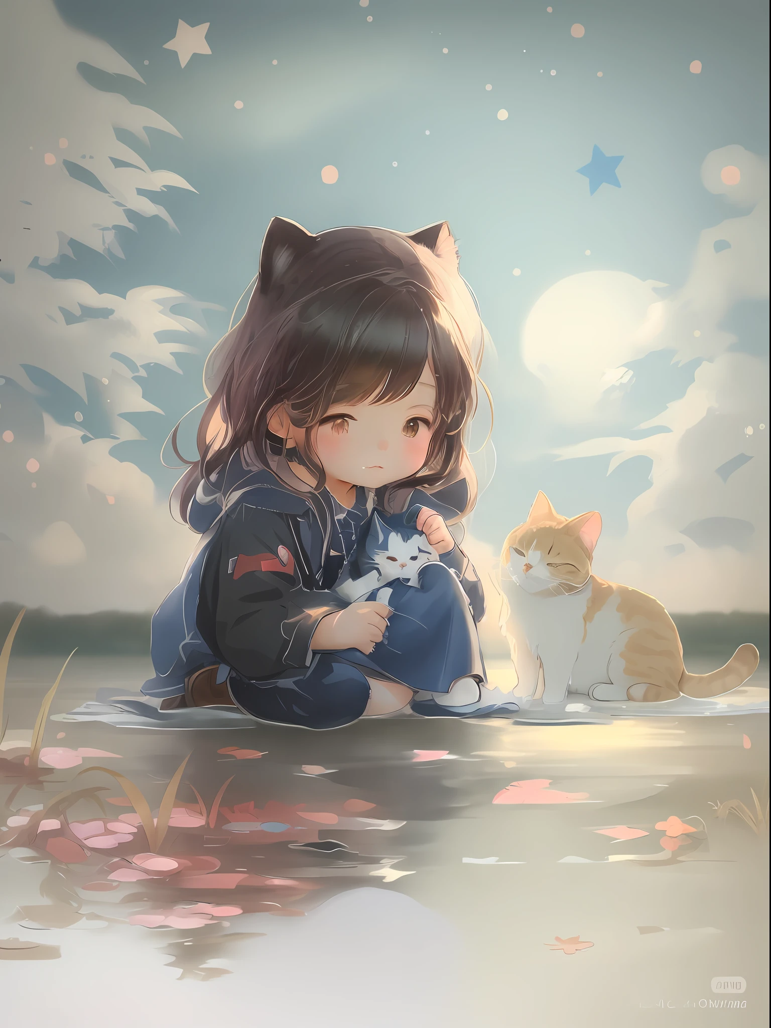 anime girl with a cat sitting on the ground by the water, anime visual of a cute cat, cute anime catgirl, by Yang J, cute art style, soft anime illustration, beautiful anime catgirl, very beautiful anime cat girl, anime visual of a cute girl, trending on artstation pixiv, very beautiful cute catgirl, anime cat, by Ye Xin