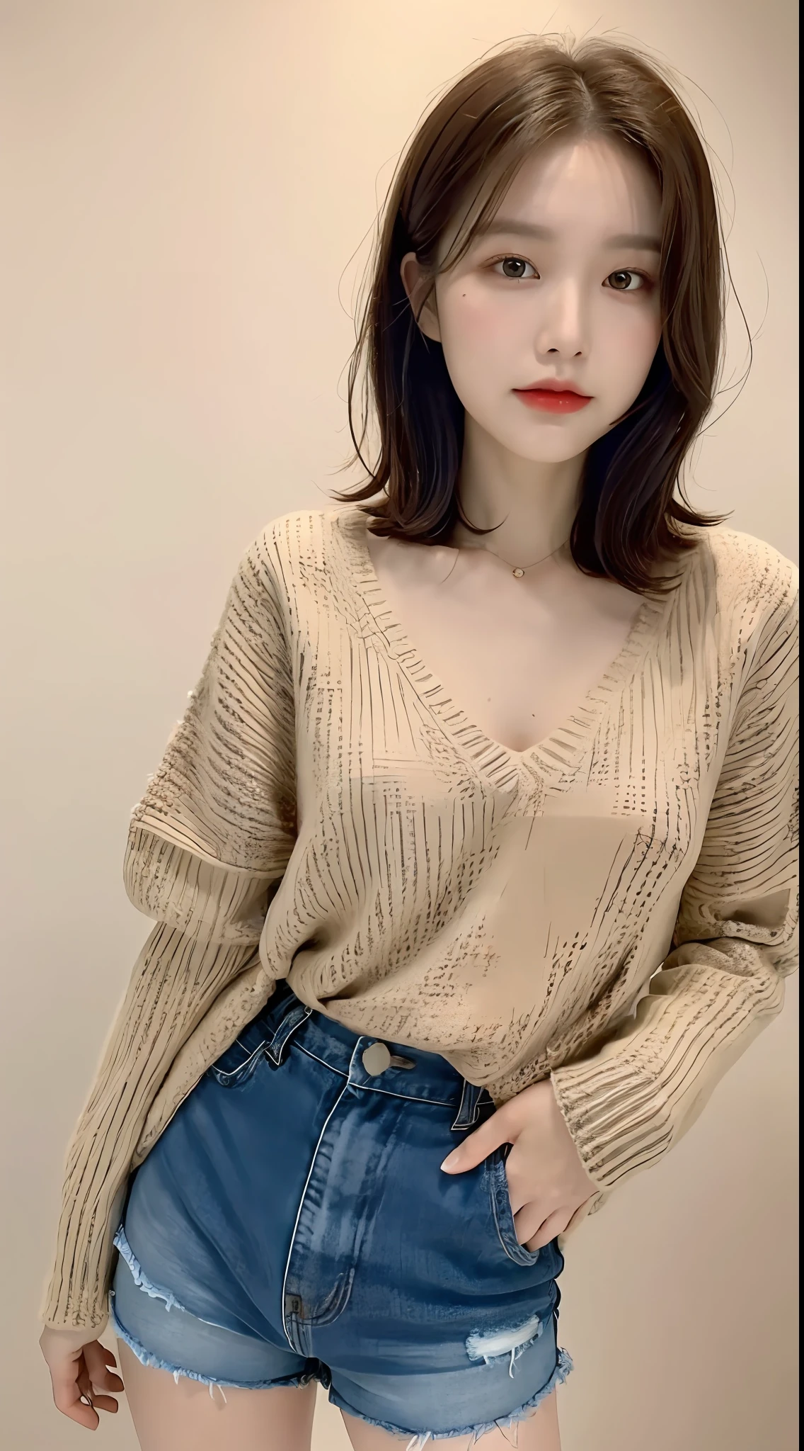 ((Best Quality, 8K, Masterpiece: 1.3)), (Focus: 1.2, Perfect Body Beauty: 1.4, Buttocks: 1.2, (Layered Haircut: 1.2)), (Inner Mongolia Grassland: 1.3), Highly Detailed Face and Skin Texture, Full Body, Fine Eyes, Double Eyelids, Whitened Skin, Long Hair, (Round Face: 1.5), (Top Sweater Open, Shorts: 1.6)