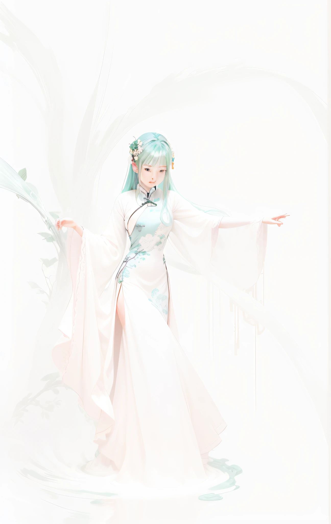 Chinese style, period costume, malachite green, blue tone, flowing, dreamy, with water surface, porcelain dotted emerald, green plant background --auto --s2