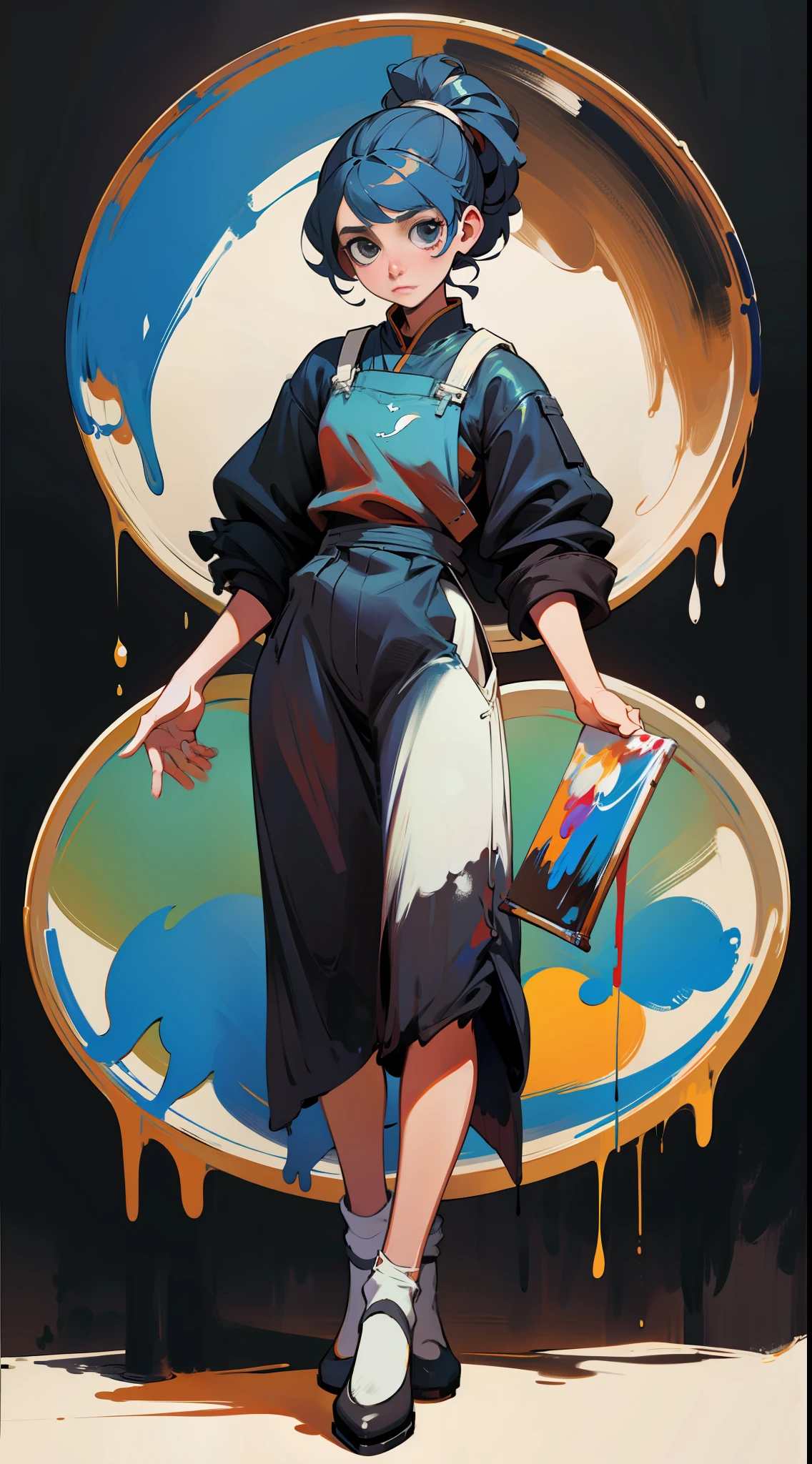 Melancholy painter painting, full body, paint plate, black background