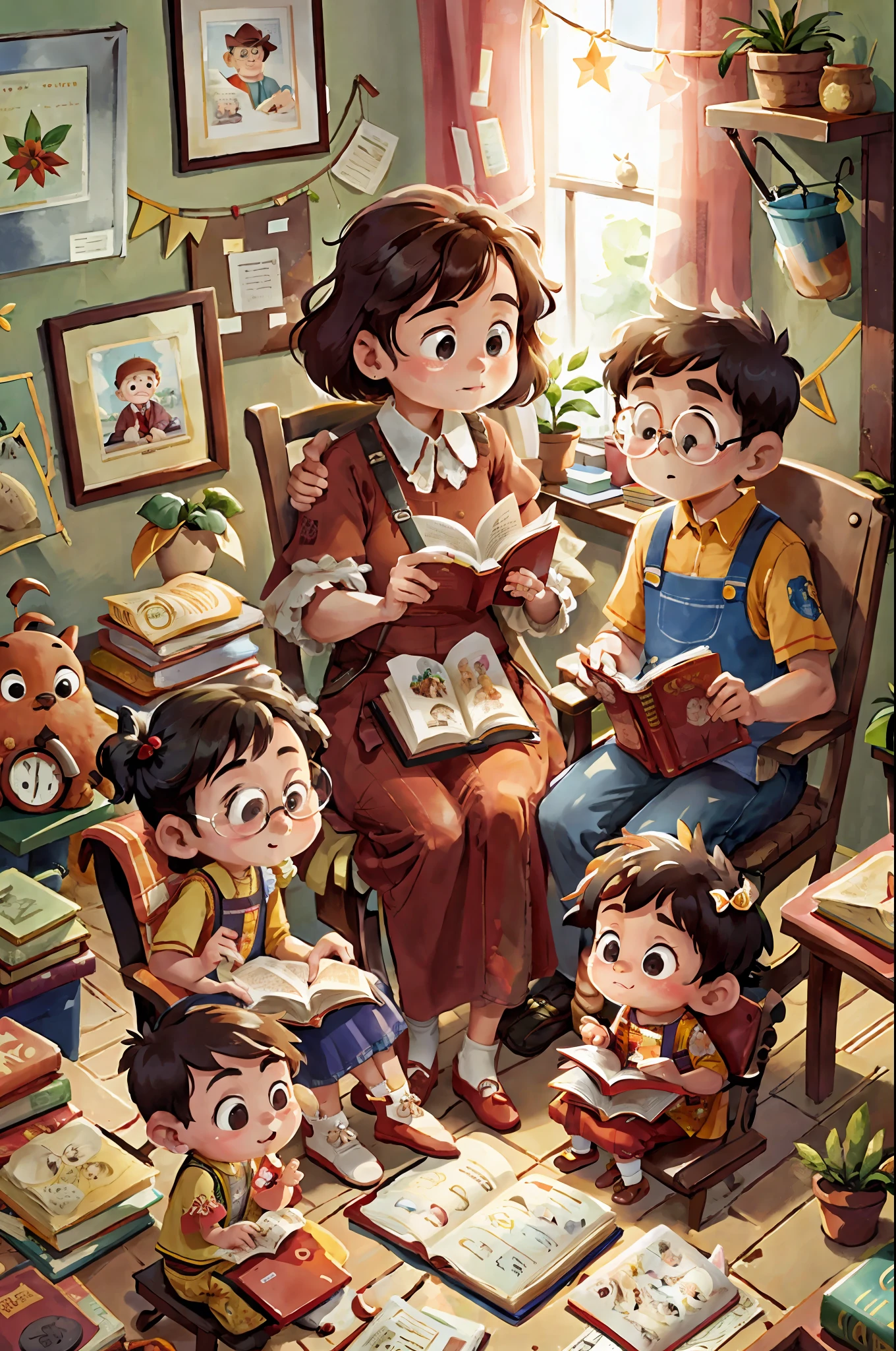 Family of readers, grandmother, grandfather, father, mother and children readers, sitting down for a family photograph