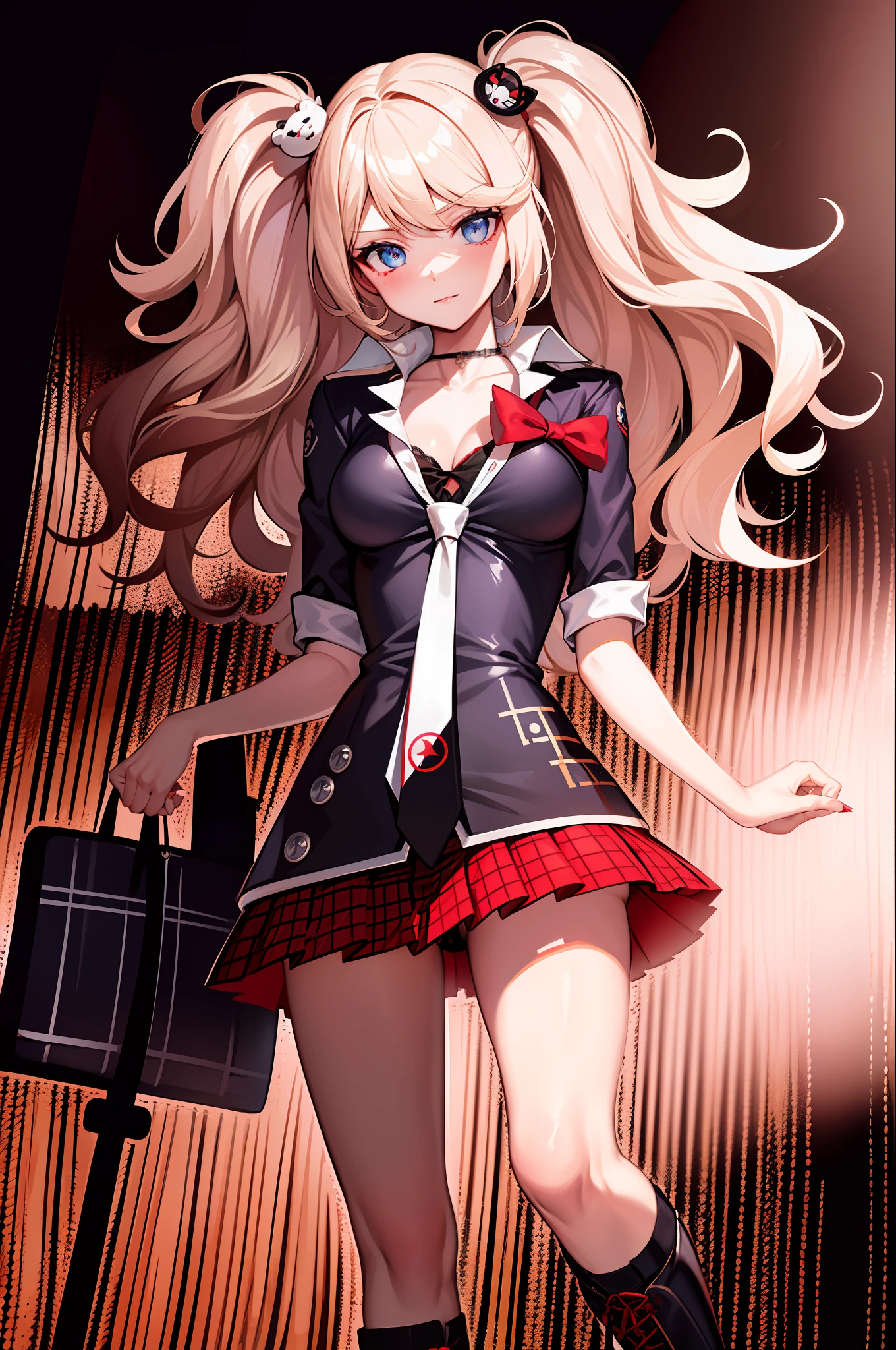 Enoshima shield, long blonde hair, 1 girl, double tail, solo, blue eyes, bangs, bear hair ornament, nail polish, red nails, red bow, black shirt, underwear, necklace, black bra, collarbone, sleeves rolled up, white tie, pleated plaid red dress, school uniform, black crossover lace-up knee boots, shiny, shiny hair, landscape, city view, city background, (hands on chest), hands on breasts, right hands, correct anatomy, five fingers, beautiful hands