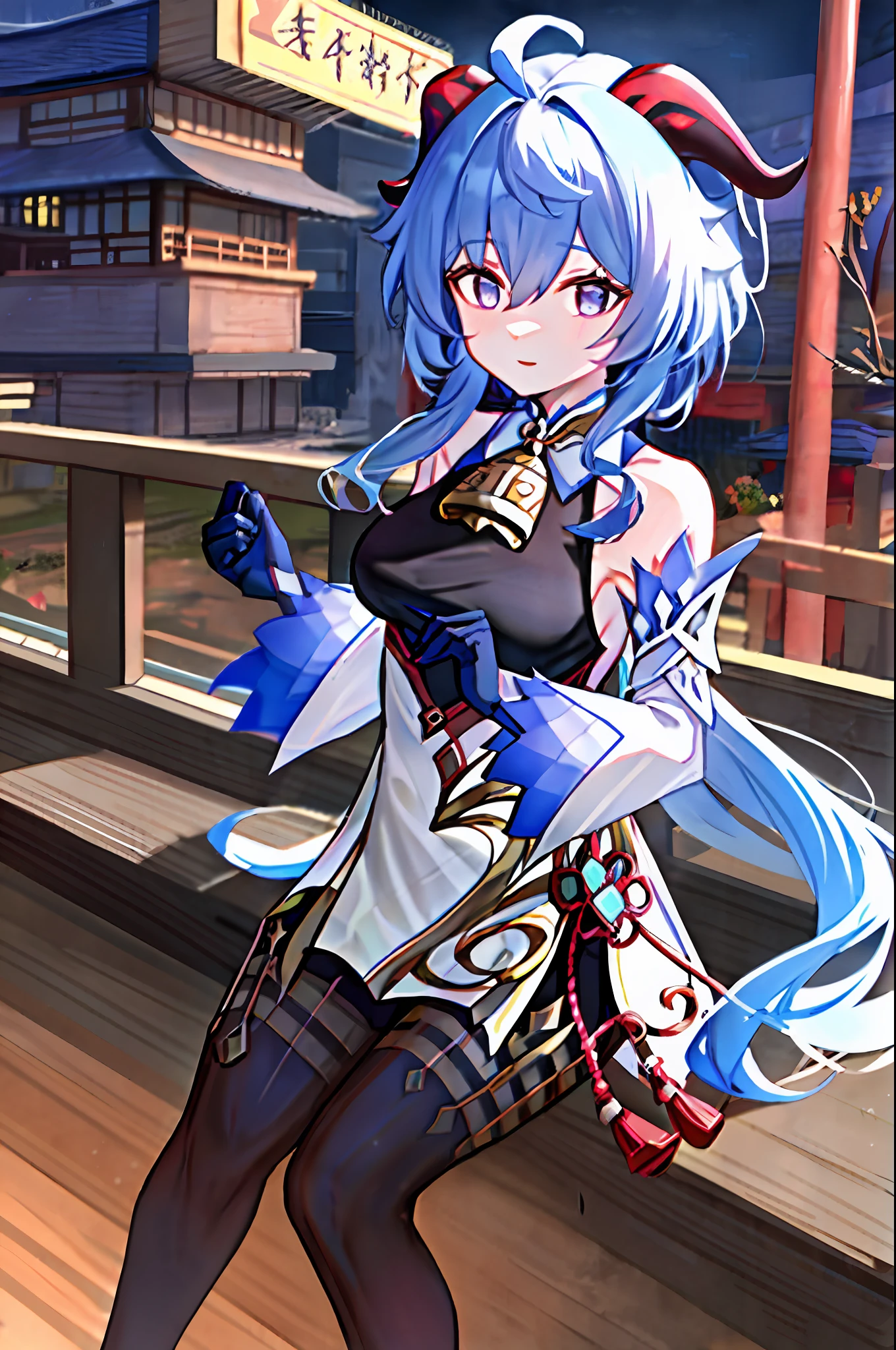 ganyu \(genshin impact\), 1girl, ahoge, architecture, bangs, bare shoulders, bell, black gloves, black pantyhose, ((blue hair)), blush, breasts, chinese knot, detached sleeves, east asian architecture, flower knot, gloves, horns, long hair, looking at viewer, medium breasts, neck bell, night, outdoors, pantyhose, purple eyes, sidelocks, solo, tassel,  white sleeves, ((masterpiece))