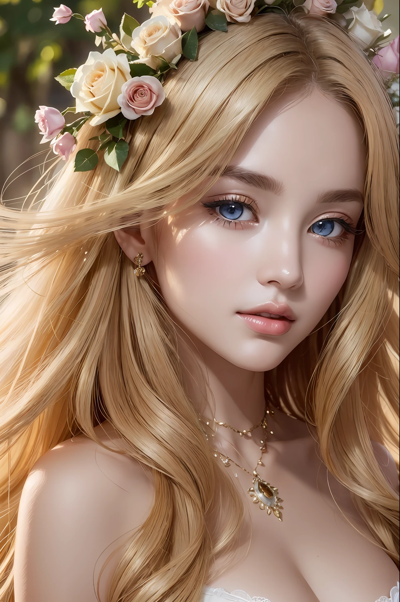 Absurd, ultra-detailed, high quality, masterpiece detailed face, beautiful eyes(eyes detailed) , Whole body, Greek mythology, Goddess, Aphrodite , a vision of ethereal loveliness, radiating an enchanting aura that captivated all who beheld her, possessed a grace that seemed otherworldly and a charm that could sway even the most steadfast hearts, more beautiful than anything or anyone in the universe, hair flows like strands of spun silk, cascading in waves of lustrous gold. eyes are deep and mesmerizing, sparkling with a divine light that reflects the depth of her passion and the mysteries of love, lips is delicately curved, hold a hint of a knowing smile, teasing and alluring in their gentle grace, skin is flawless, smooth as petals of the finest rose, golden blonde hair, whole body , lace lingerie