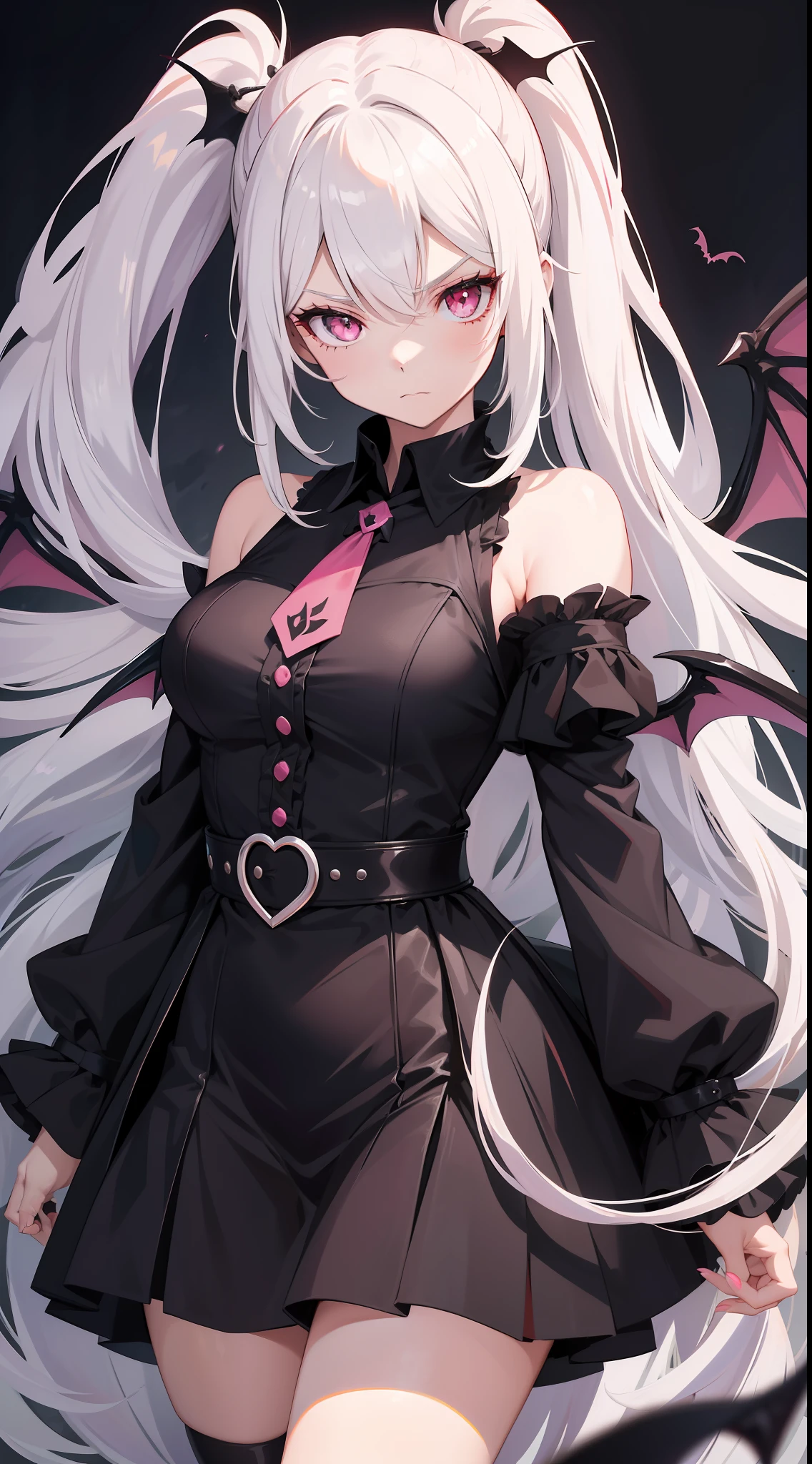 Adult girl, long white hair, high ponytail, pink eyes, bat wings, black rich dress, anger, masterpiece, high quality