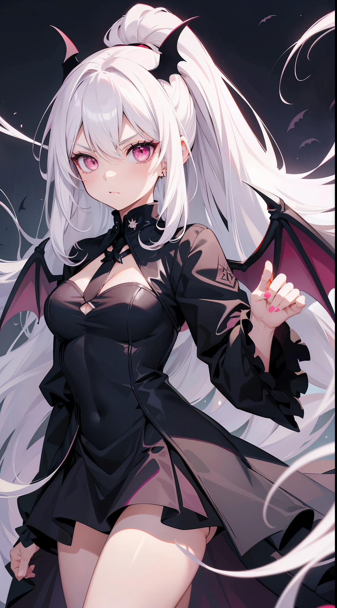 Adult girl, long white hair, high ponytail, pink eyes, bat wings, black rich dress, anger, masterpiece, high quality