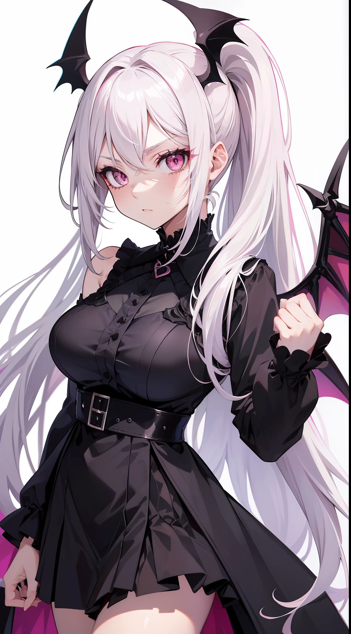 Adult girl, long white hair, high ponytail, pink eyes, bat wings, black rich dress, anger, masterpiece, high quality