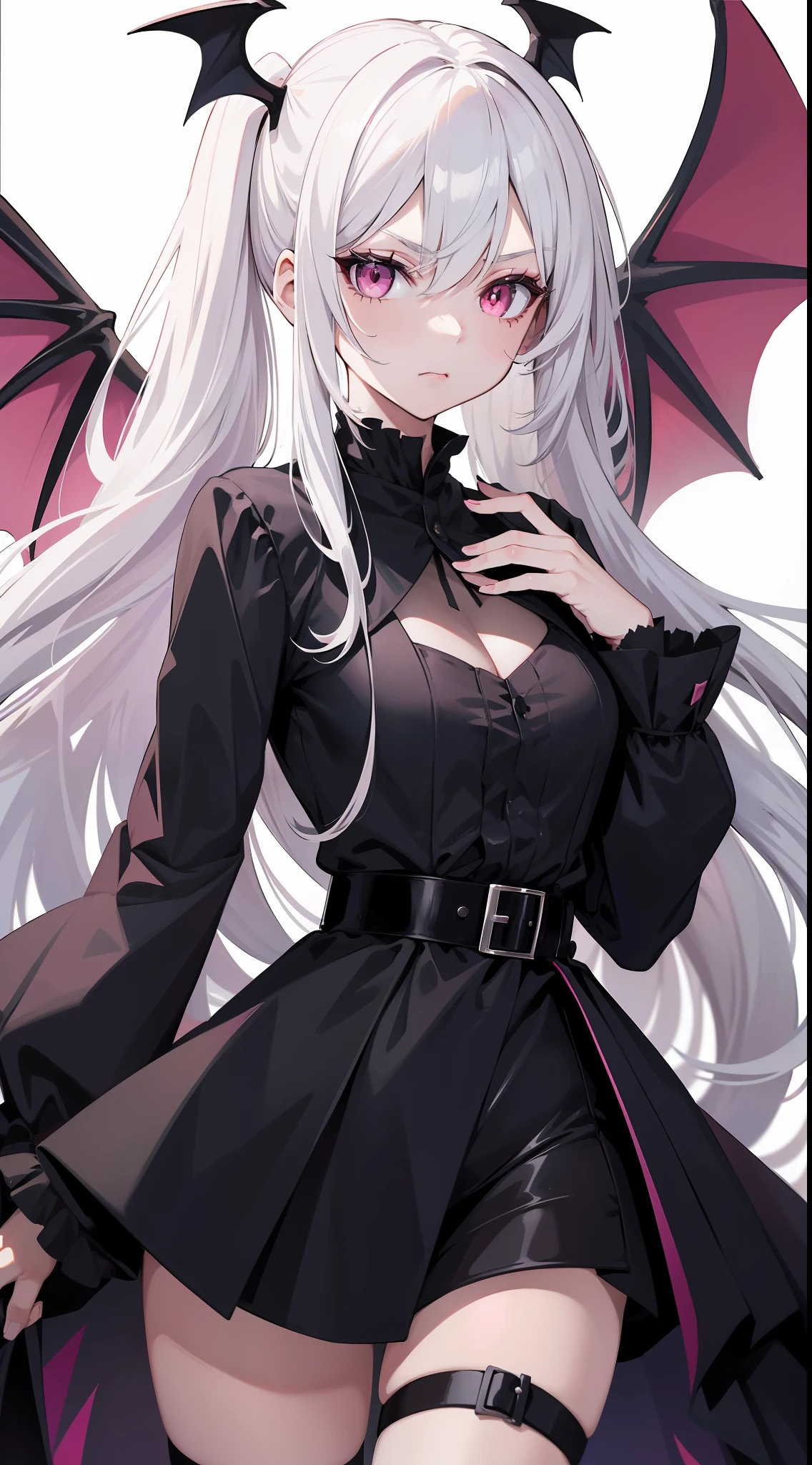Adult girl, long white hair, high ponytail, pink eyes, bat wings, black rich dress, anger, masterpiece, high quality