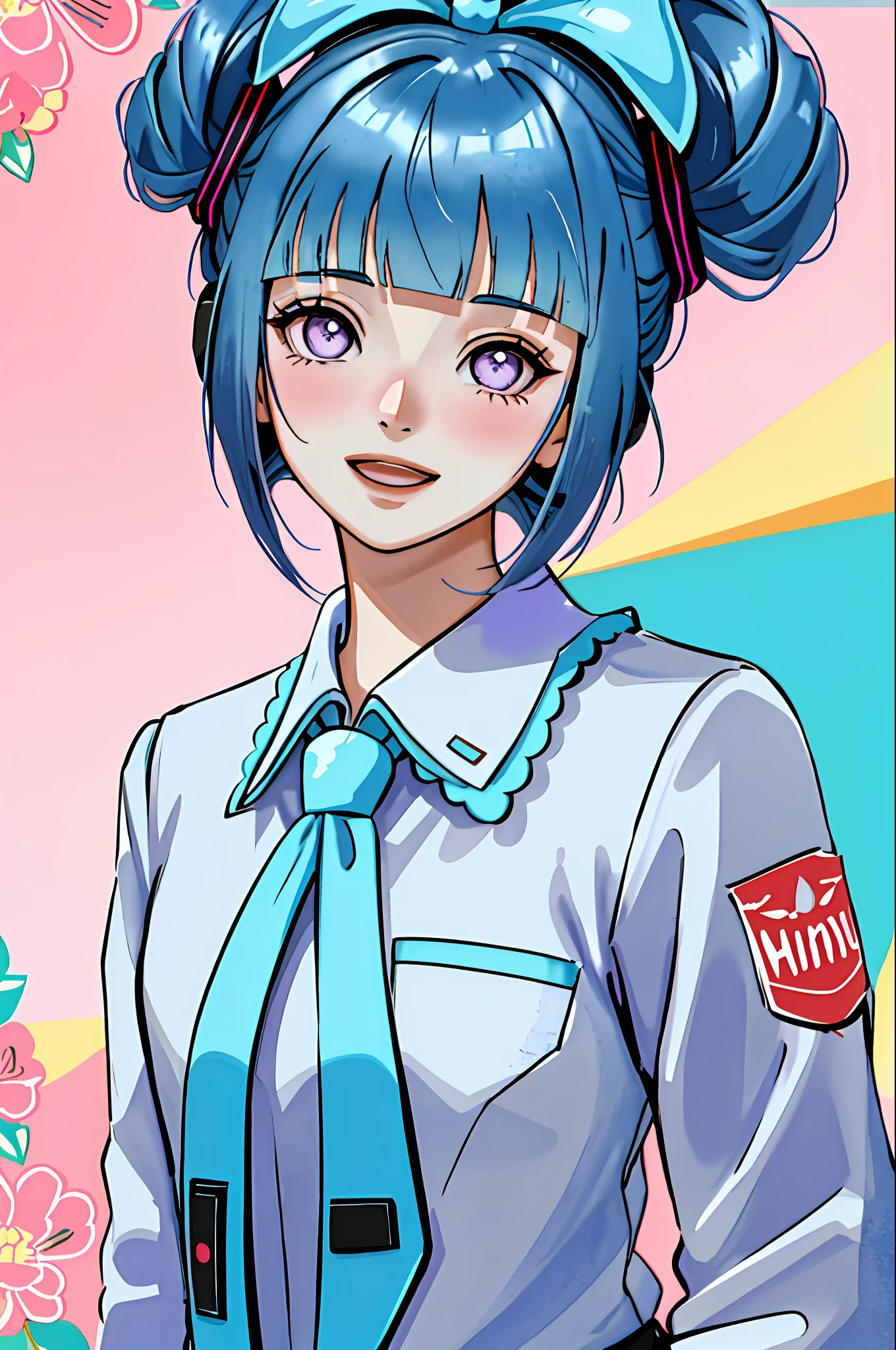 cinnamiku, long hair, upper body, smile, blush, :D, posing, full body, floral background, (blunt bangs:1.3), (dark blue hair:1.3), purple eyes, hinata/(boruto/)