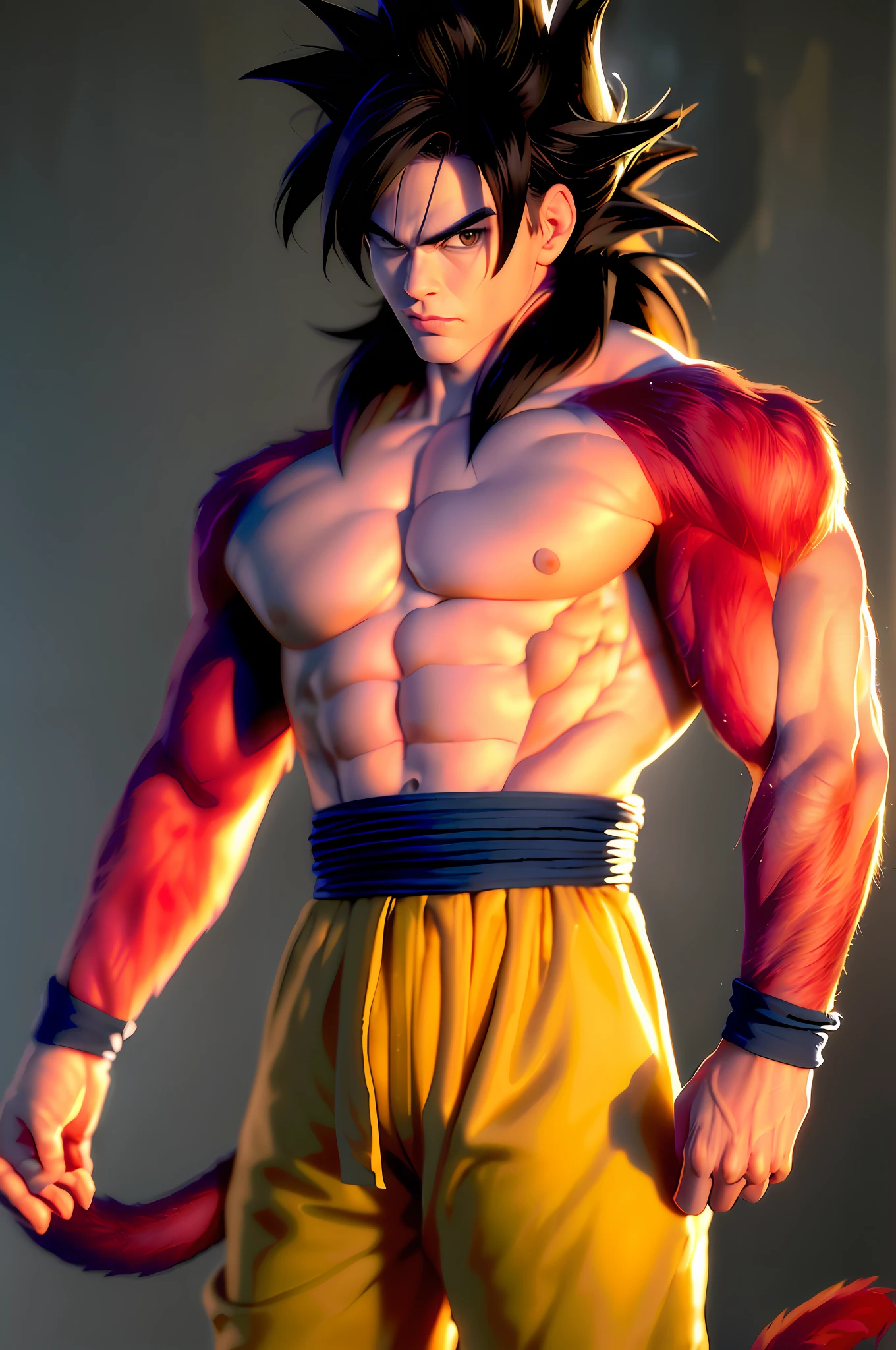 masterpiece, (photorealistic:1.5), best quality, beautiful lighting, real life, songoku, 1boy, arms at sides, artist name, baggy pants, biceps, black hair, blood, blood from mouth, blue sash, blue wristband, blurry, blurry background, body fur, closed mouth, collarbone, frown, long hair, looking away, looking to the side, male focus, monkey tail, muscular, muscular male, pants, pectorals, red fur, sash, scratches, serious, simple background, solo, spiked hair, standing, super saiyan, super saiyan 4, torn clothes, twitter username, v-shaped eyebrows, wristband, yellow eyes, yellow pants