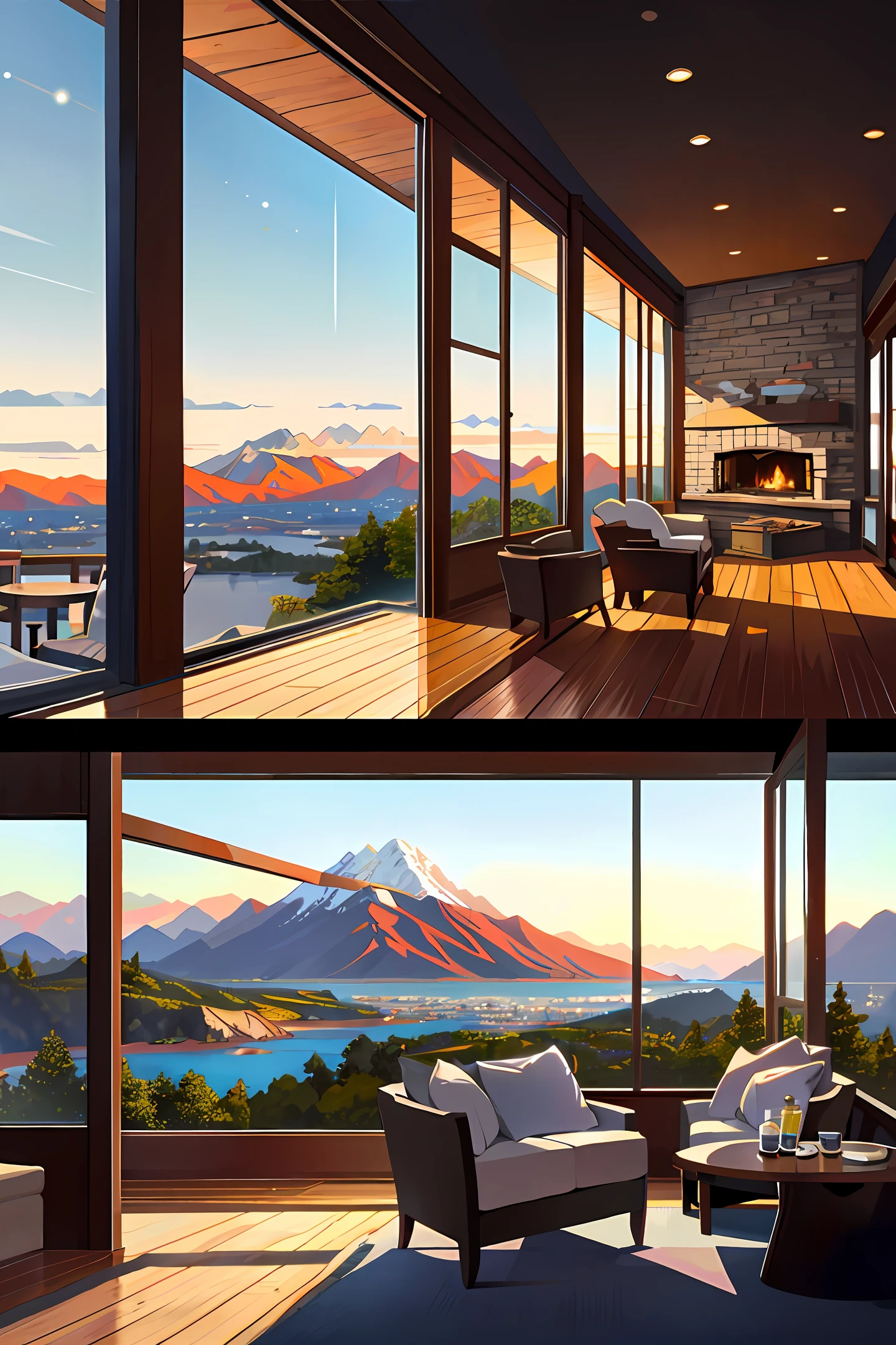 The lounge of a very cozy cafeteria with fireplace cozy decoration pleasant climate relaxing with a glass wall overlooking a landscape with mountains