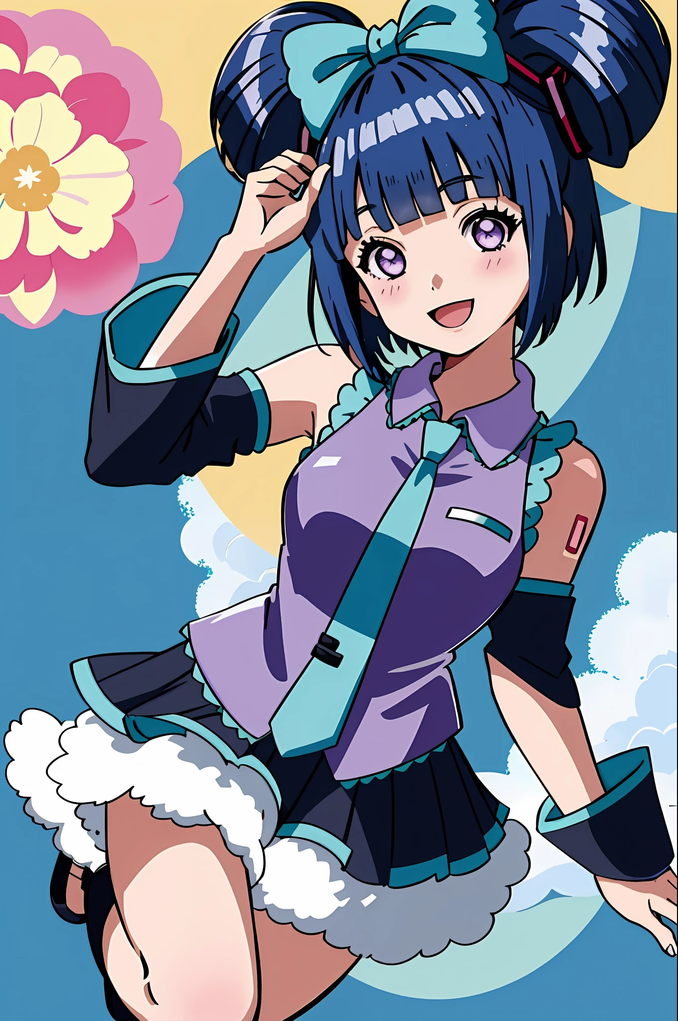 cinnamiku, short hair, upper body, smile, blush, :D, posing, full body, floral background, (blunt bangs:1.3), (dark blue hair:1.3), purple eyes, hinata\(shippuden\)