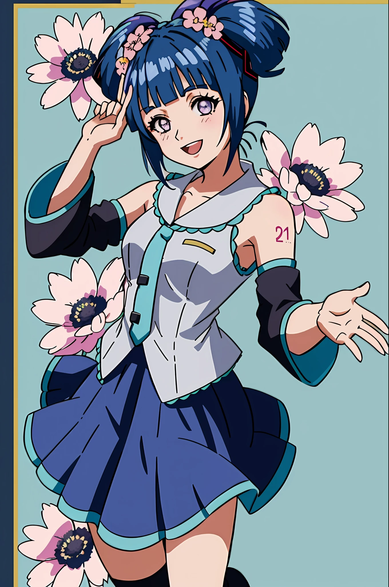 cinnamiku, short hair, upper body, smile, blush, :D, posing, full body, floral background, (blunt bangs:1.3), (dark blue hair:1.3), purple eyes, hinata\(shippuden\)