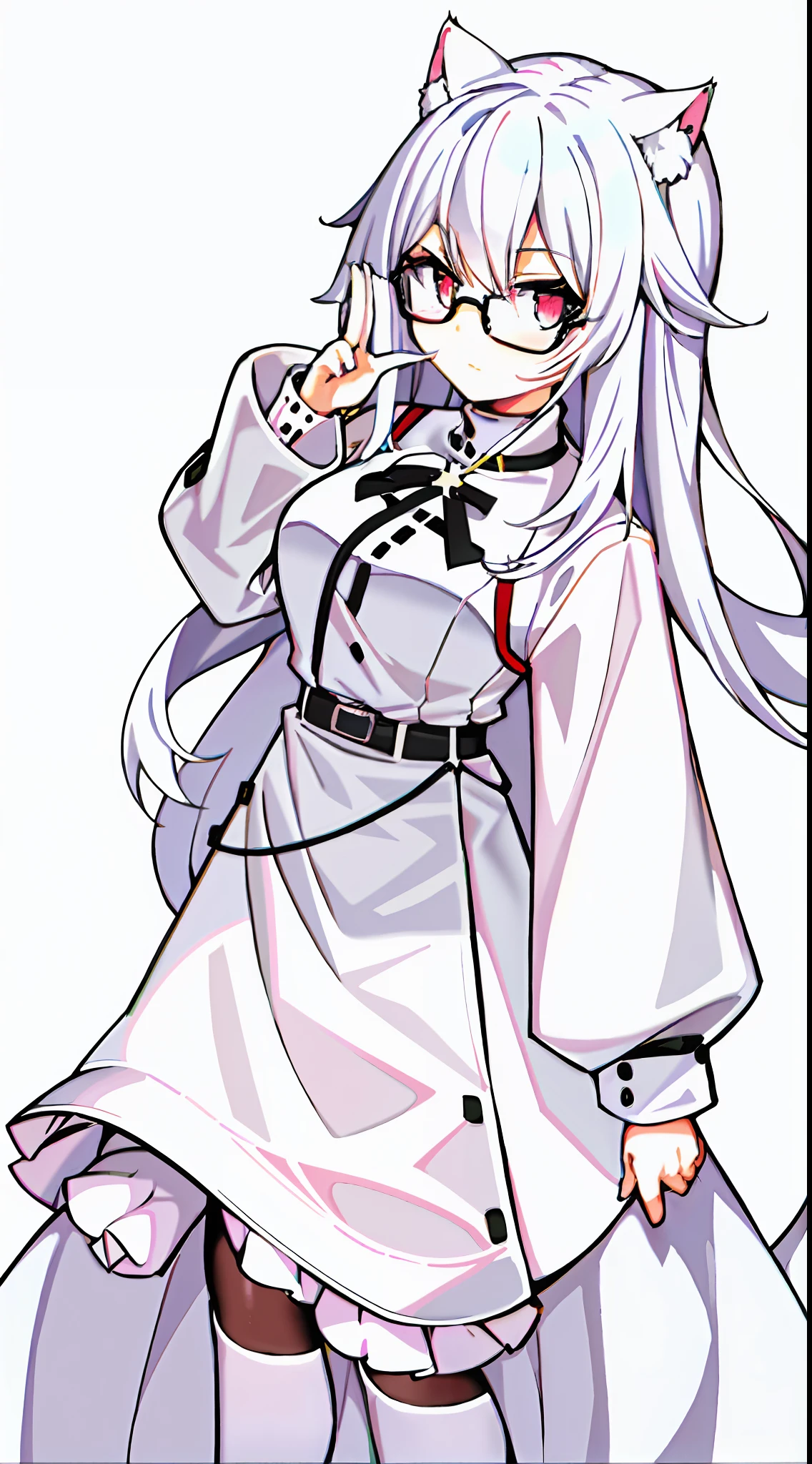 A woman wearing glasses poses for a photo. She transforms into a white cat lady, and the whole presents a detailed character art style. She shows gestures in the picture with flexible finger movements. She has straight white hair, giving the impression of being long and straight. She poses very sexy and creates a sense of fashion. The whole design is simple and clean, which is very in line with modern aesthetics. She may be streaming, interacting with viewers. In this scene, the color of white occupies a scale of 0.5, adding to the soft atmosphere. The overall atmosphere can be very cute (kawaii). Guweiz, index finger, anime moe art style, seductive anime girl, long hair anime girl, (anime girl), beautiful anime cat girl, white cat girl, anime vision with glasses, cute girl, anime best girl, anime girl, no text on the picture to keep it simple.