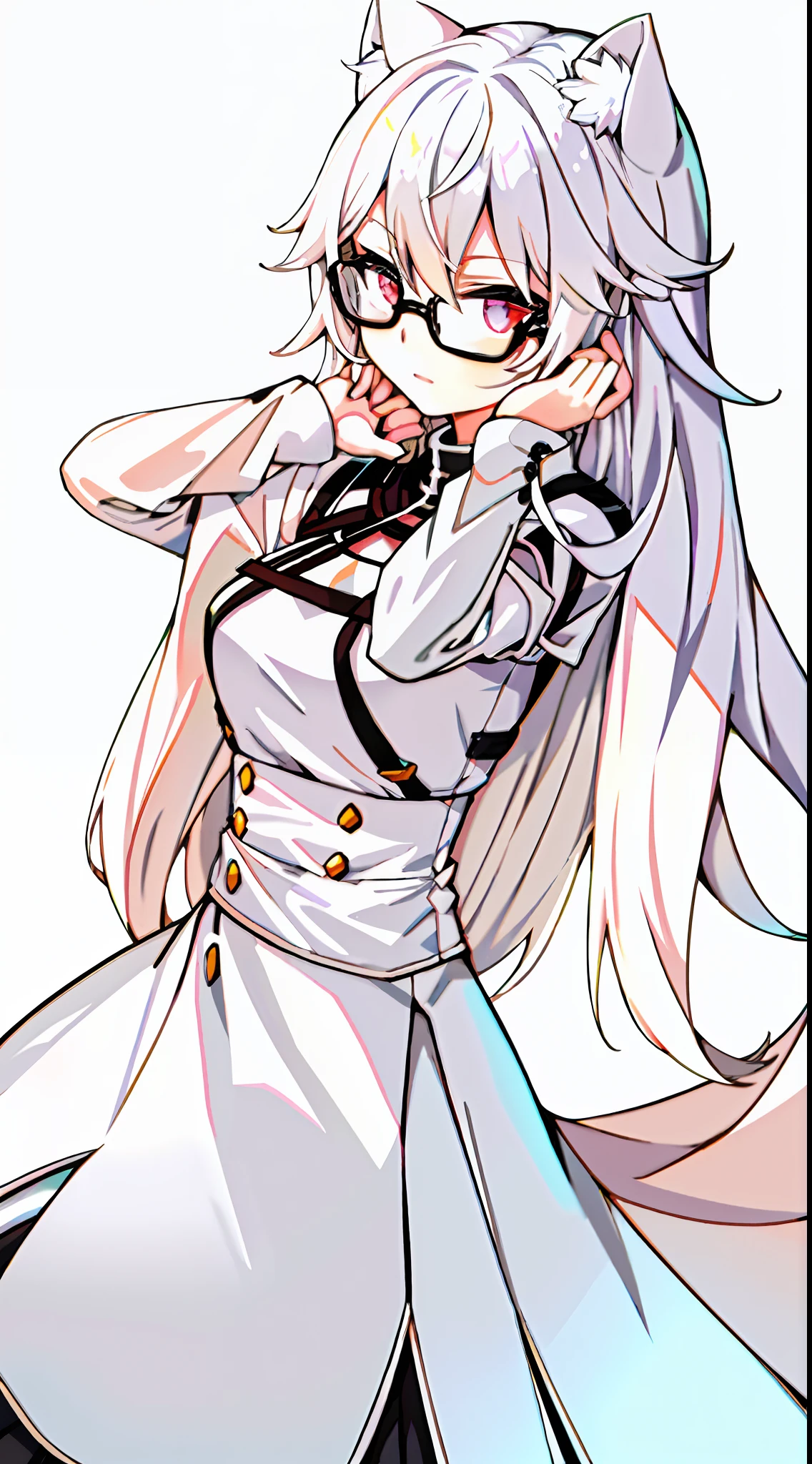 A woman wearing glasses poses for a photo. She transforms into a white cat lady, and the whole presents a detailed character art style. She shows gestures in the picture with flexible finger movements. She has straight white hair, giving the impression of being long and straight. She poses very sexy and creates a sense of fashion. The whole design is simple and clean, which is very in line with modern aesthetics. She may be streaming, interacting with viewers. In this scene, the color of white occupies a scale of 0.5, adding to the soft atmosphere. The overall atmosphere can be very cute (kawaii). Guweiz, index finger, anime moe art style, seductive anime girl, long hair anime girl, (anime girl), beautiful anime cat girl, white cat girl, anime vision with glasses, cute girl, anime best girl, anime girl, no text on the picture to keep it simple.