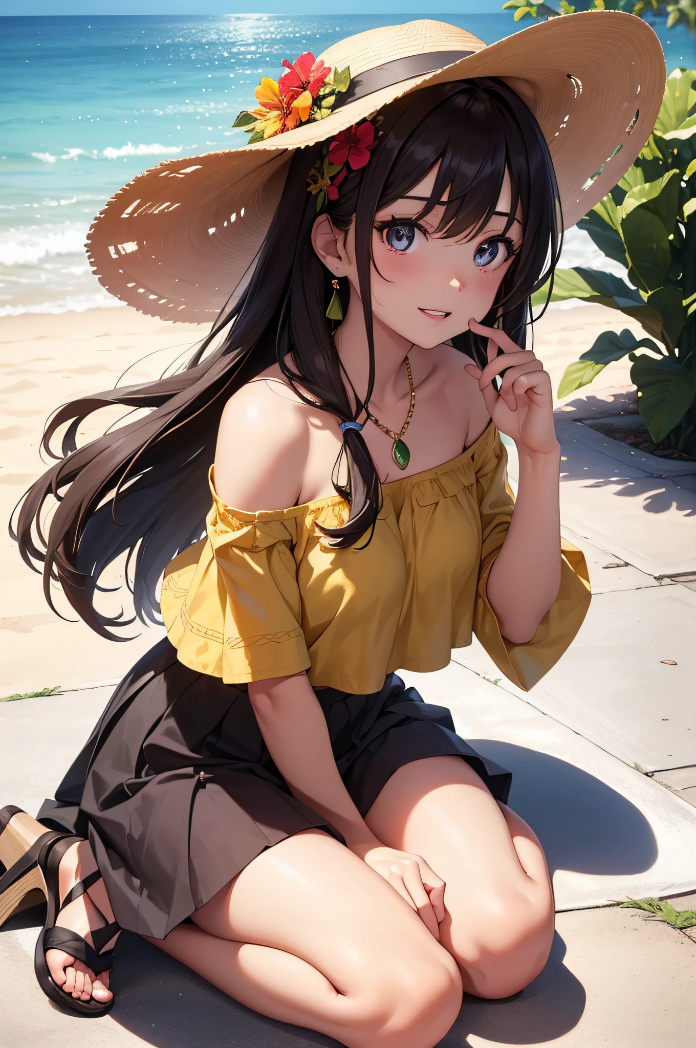 (masterpiece), (portrait), (aesthetic), (beautiful), (upper blody), (high quality), (aesthetic clothings), (professional angle), (rule of thirds), (Feminine), (woman), (female), (beautiful),(feminine features), (25 years), solo, 1 woman, (attractive Mexican), Summer, Natural light, (Sitting), Fresh Makeup, (Medium bust), ((holding a Sombrero)), (Side face), (Joyful expression), ((Vibrant, Happy)), Statement Necklace, ((Long hair)), (Brown hair), (Straight hair), (Thick hair), Natural shine hair, (Flower Clip in hair), (Brown eyes), (Playful, Colorful look), (Olive skin), (Embroidered clothing), (Off-Shoulder Top), (Ruffled Skirt), (Sandals), Sweetheart neckline), ((Urban background)), (- in background), (Full Shot shot), beautiful hands, two hands, normal hands, two arms, complete hands, beautiful body, beautiful fingers, normal fingers, five fingers, five fingers, (Thumb index meddle ring little fingers), beautiful ears, normal ears, beautiful eyes, shiny eyes, beautiful mouth, beautiful lips,