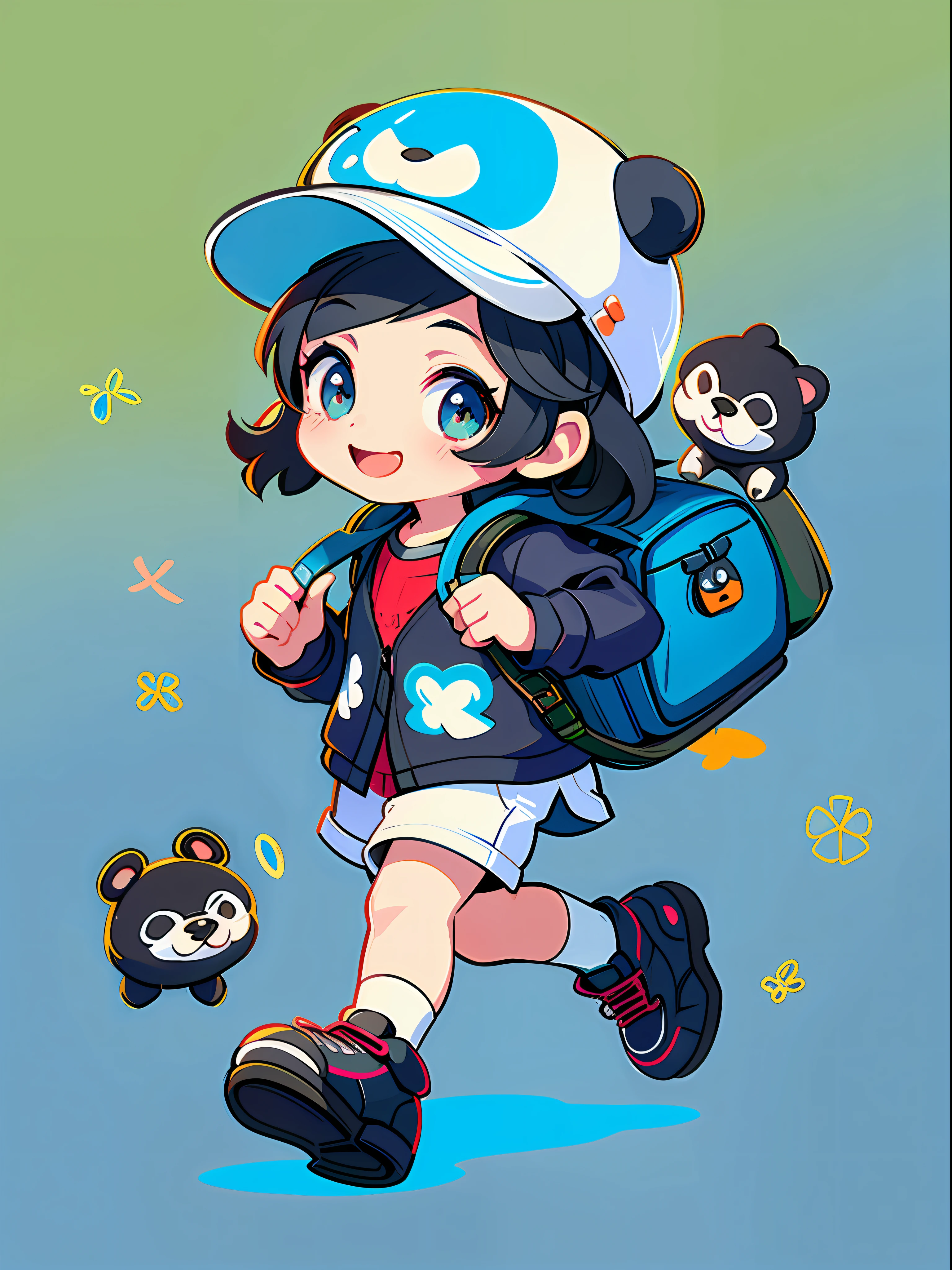 A cartoon drawing of a girl with a backpack and a panda bear, children's art in Artstation, female explorer mini cute girl, stylized lines, video game fan art, official character illustration, nintendo game art, game art, character design contest winner, highly detailed character design, detailed fan art, explorer sketch, official illustration