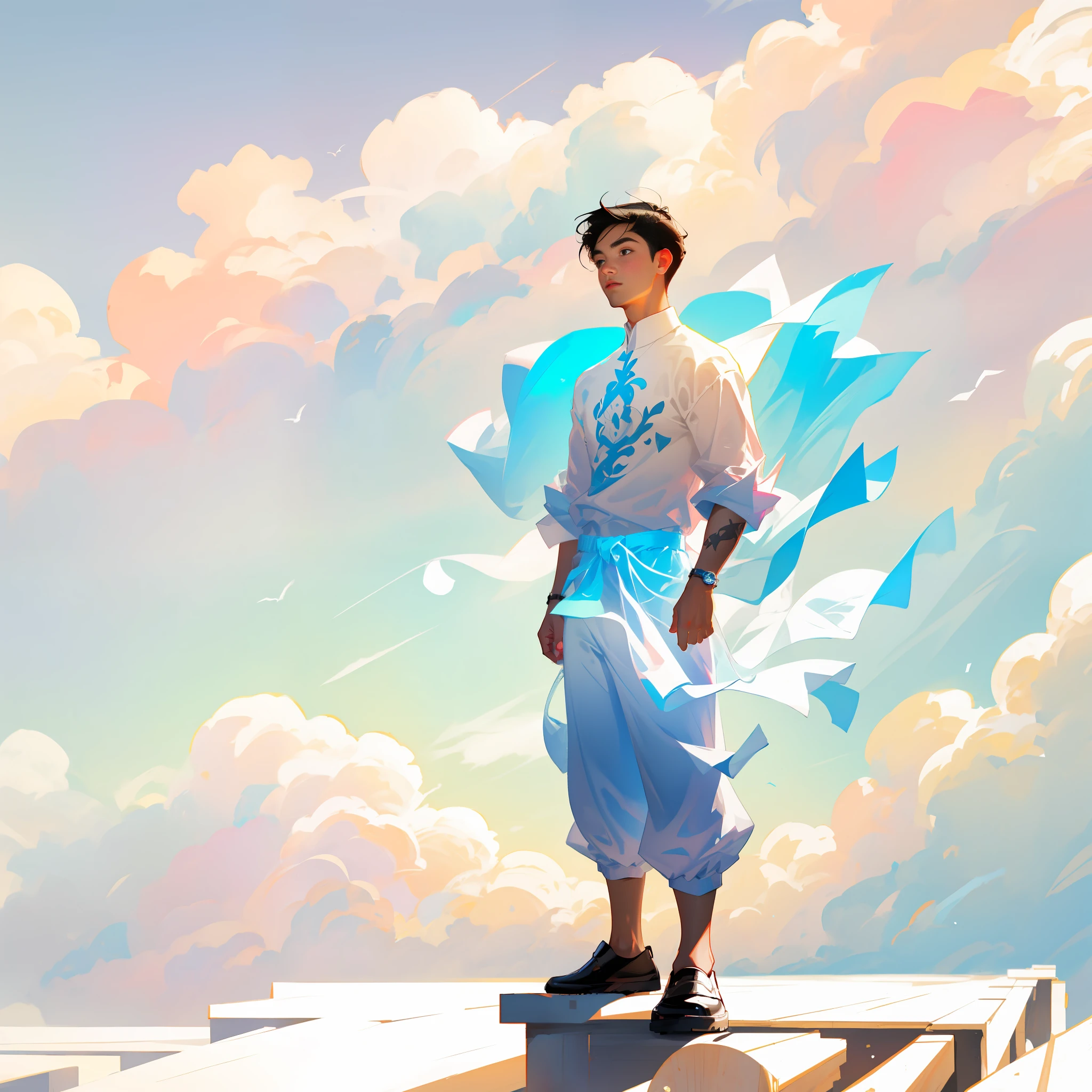 1boy, (ink primitive art: 1.4), (line art: 1.7), (best quality, masterpiece), superlative, teenage male, boy, boy, short hair, white skin, white shirt, trousers, muscles, petite, bright, clouds, wind, urban, colorful, outdoor, full body, simple background, black hair (beautiful detailed face, beautiful detailed eyes), hands relaxed, head slightly raised,