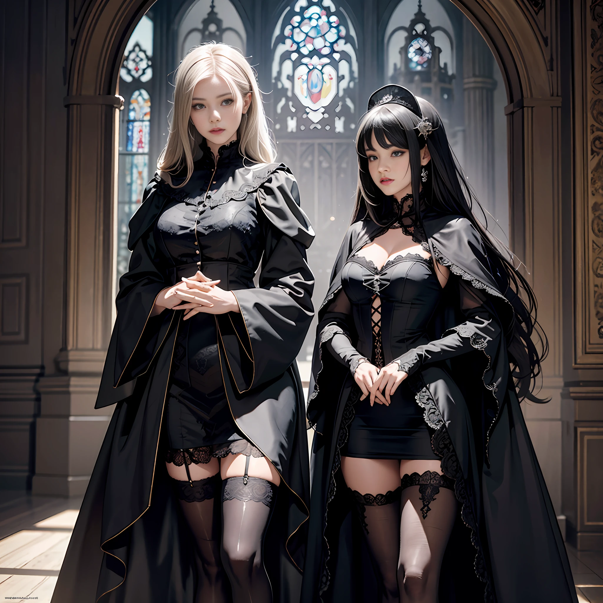 Official Art, Unity 8k wallpaper, super detailed, beautiful, beautiful, masterpiece, best quality, super detailed texture, asymmetrical aesthetics,
dark, epic, atmospheric, mysterious, taboo, art, victorian, decoration, intricate, silverwork, supernatural, costume design, lace embellishment,
1 girl, prayer, black stockings, elegant manners, conservative dress, sexy, full body composition