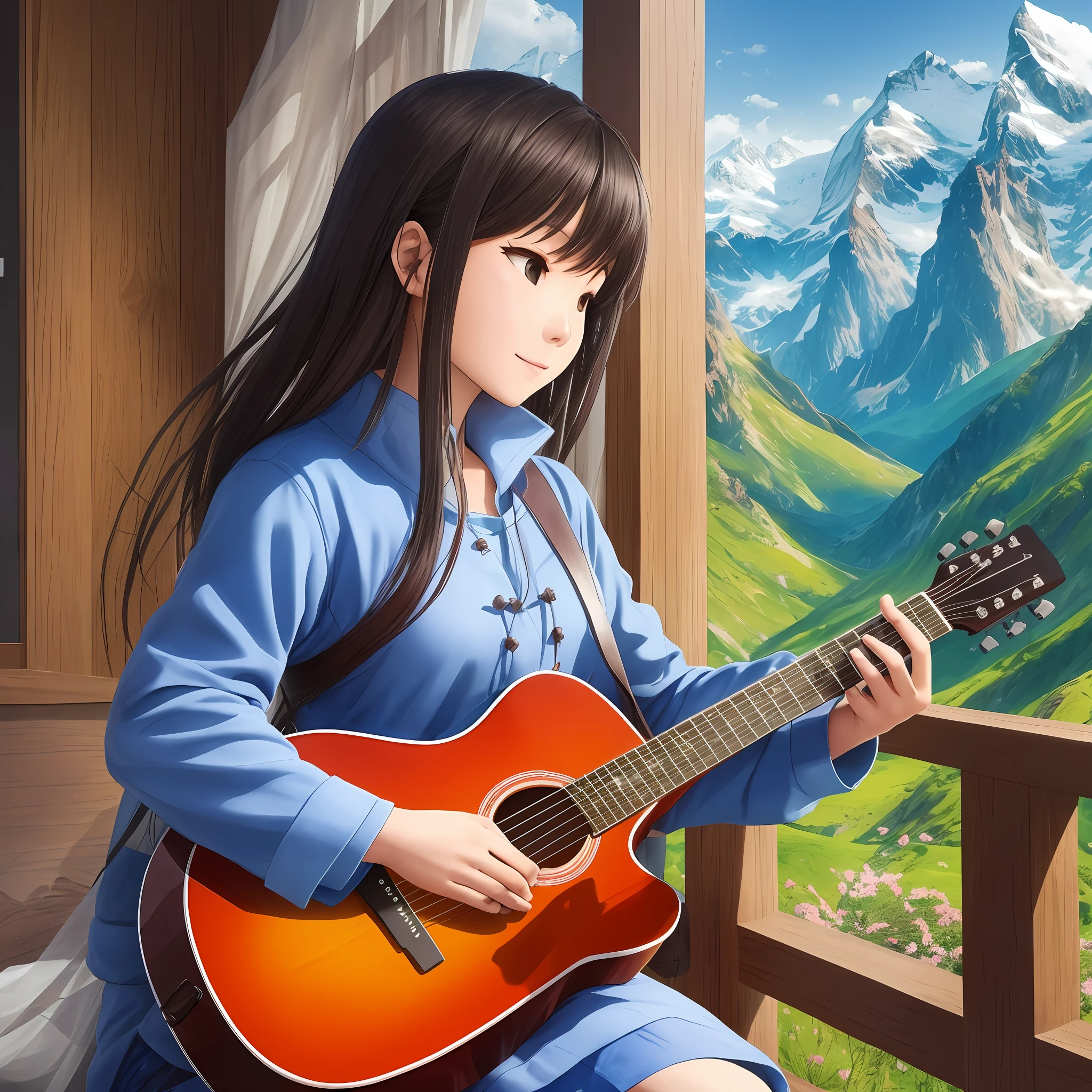 (Spring + Mountains) * 1.1, 4K, (Beautiful Scenery + Hillsides) * 1.2, (A/A + Chinese/Chinese) female guitarist, playing guitar, (atmosphere and tonality make people feel good), --auto --v6 --s2